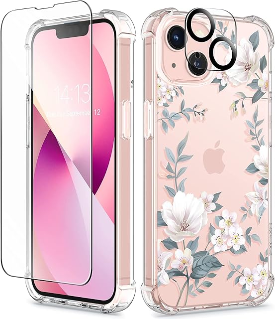 GVIEWIN Compatible with iPhone 13 Case 6.1 Inch 2021, with Tempered Glass Screen Protector + Camera Lens Protector, Flower Clear TPU Slim Bumper Shockproof Protective Soft Phone Cover, Magnolia/White