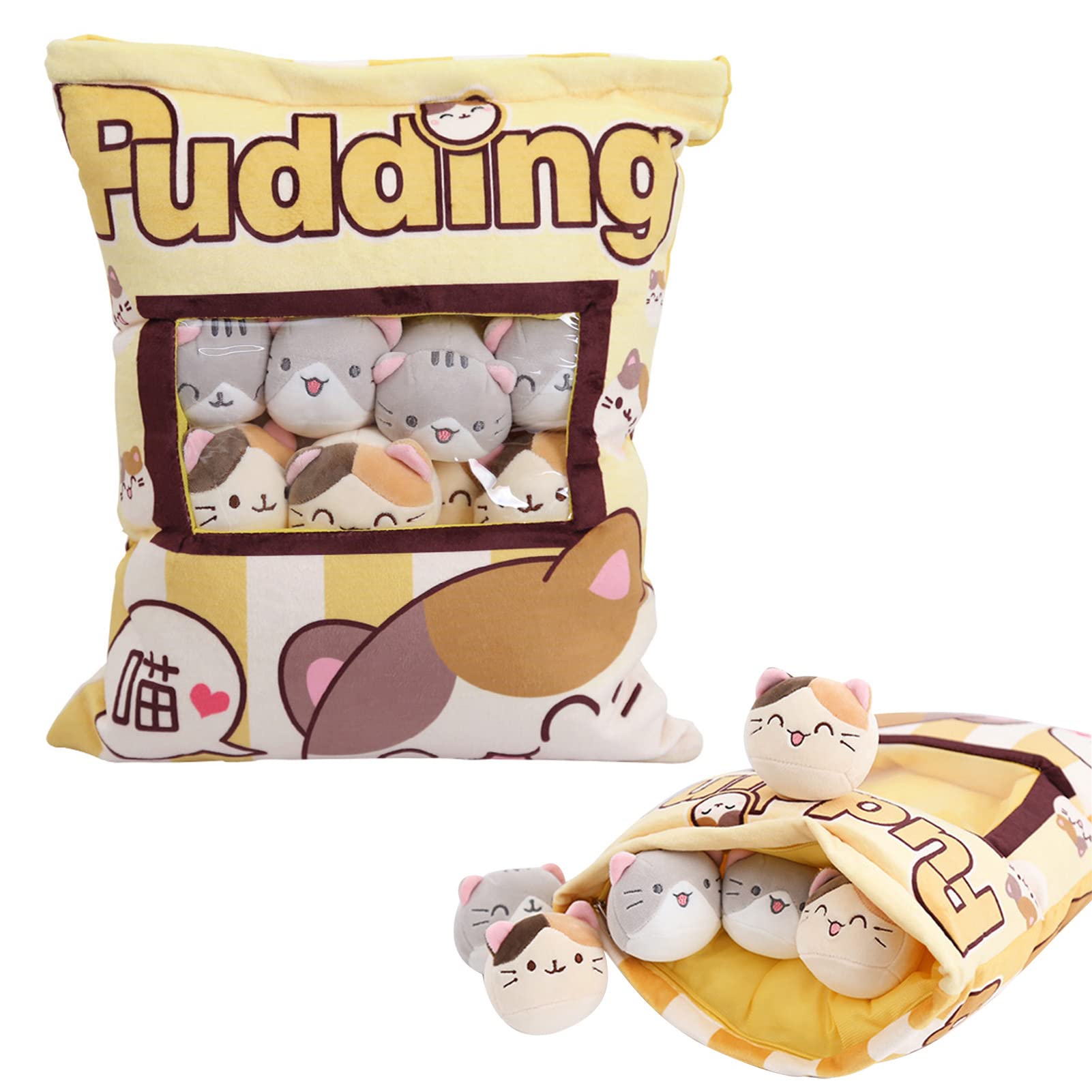 Oreiller Pudding Chat Kawaii – Peluche Snack Avec 8 Mini Chats – Coussin Moelleux 40 Cm – Cadeau Mignon Pour Enfants Et Amoureux Des Félins