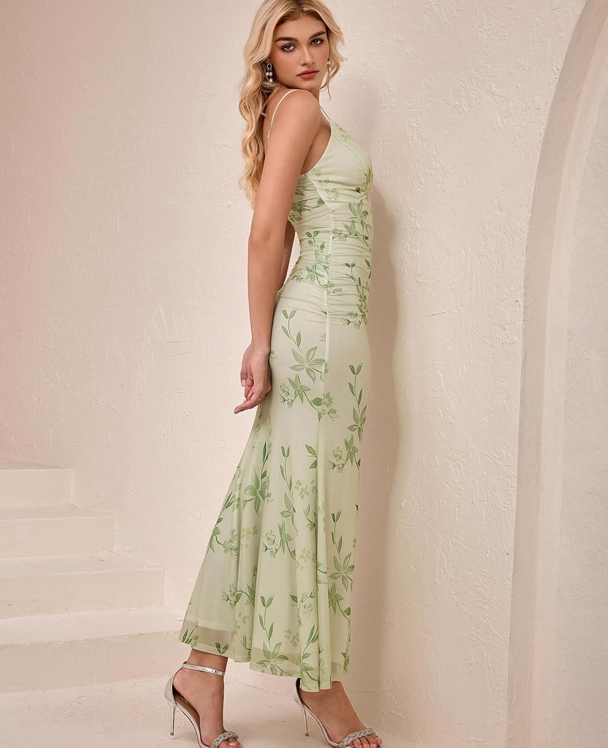 GLNEGE Women's Floral Wedding Guest Formal Maxi Dress Bodycon Spaghetti Strap V Neck Elegant Cocatail Dresses - Image 3