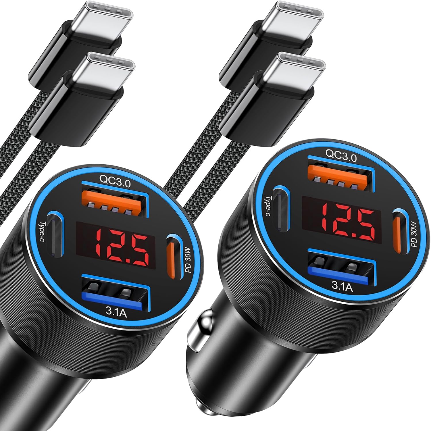 Lot de 2 chargeurs de voiture 65 W pour iPhone - 4 ports USB C + câble ...