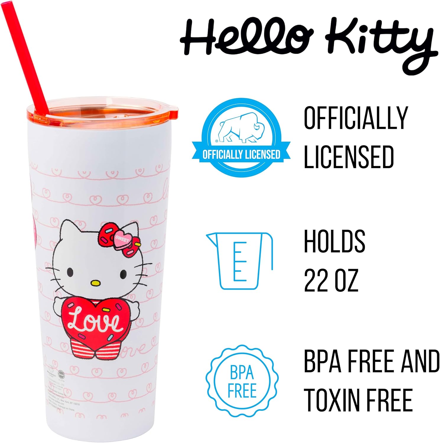 Silver Buffalo Sanrio Hello Kitty Heart Balloons Double Walled Stainless Steel Tumbler with Straw, 22 Ounces & Sanrio Hello Kitty Strawberry Milk Japanese Character Ceramic Ramen Rice Bowl image 4