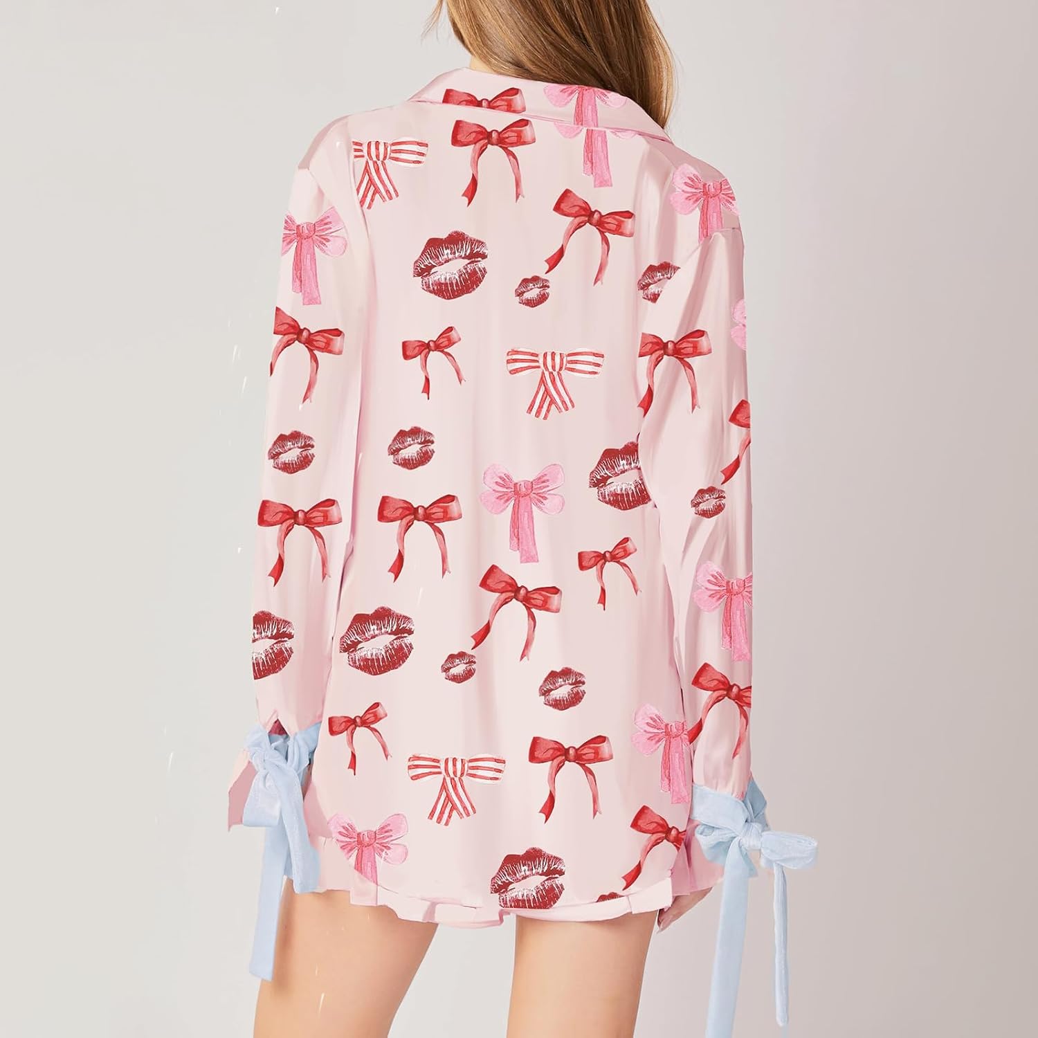 Condition photo showing New/Like New for owl's-yard women's pajamas sets silk button down shirts and ruffled shorts set 2 piece sleepwear a-pink lips medium