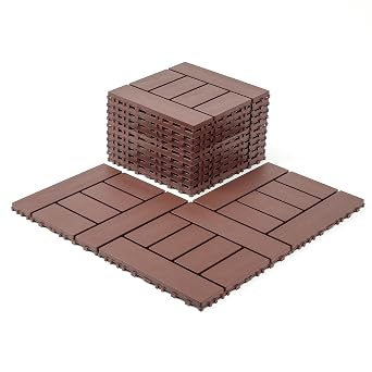 Deck Tiles for Outdoor, Plastic Outdoor Flooring Tiles, Kitchen Non Slip Polypropylene DIY Interlocking Flooring Tile Waterproof for Balcony/Patio, 44 Pcs, 12"x12" Square, All Weather Use, Brown