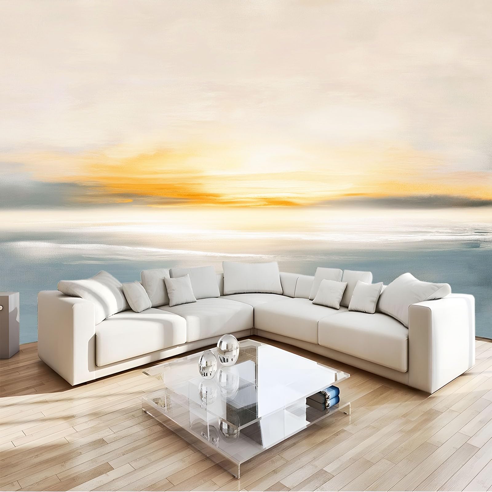 Panoramiczna tapeta 350 x 256 cm (szer. x wys.), włóknina ścienna abstrakcyjny minimalistyczny nadmorski wschód słońca - do salonu pokoju dziecięcego i beżowa dekoracja ścienna