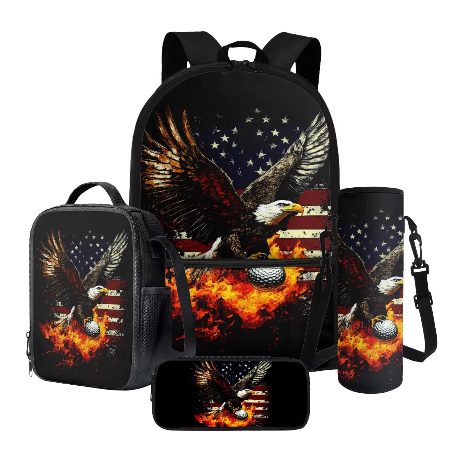Cadowhimsy School Backpack Set for Boys Girls Fire Eagle Baseball American Flag Print 4 Pcs Set Schoolbag with Lunch Box Pencil Case Water Bottle