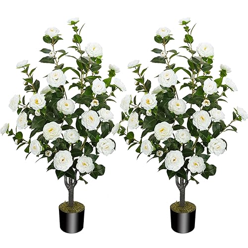 2 Pack 43.3"/3.6FT Artificial Camellia Tree Fake Outdoor Tree with