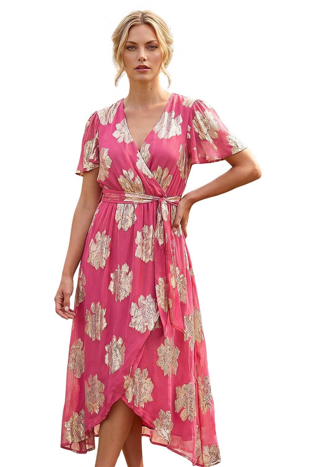 Roman - Women's Dress - Midi Wrap - Size 12 - Pink - Metallic Jacquard