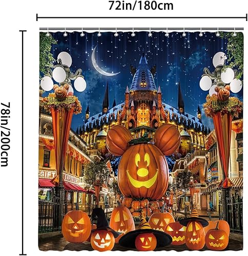 Miniatura 6 de Cortina de ducha de Halloween para baño, niños, caricatura, calabaza, sombrero de mago, luna, castillo, estrella, lámpara de calle, decoración de