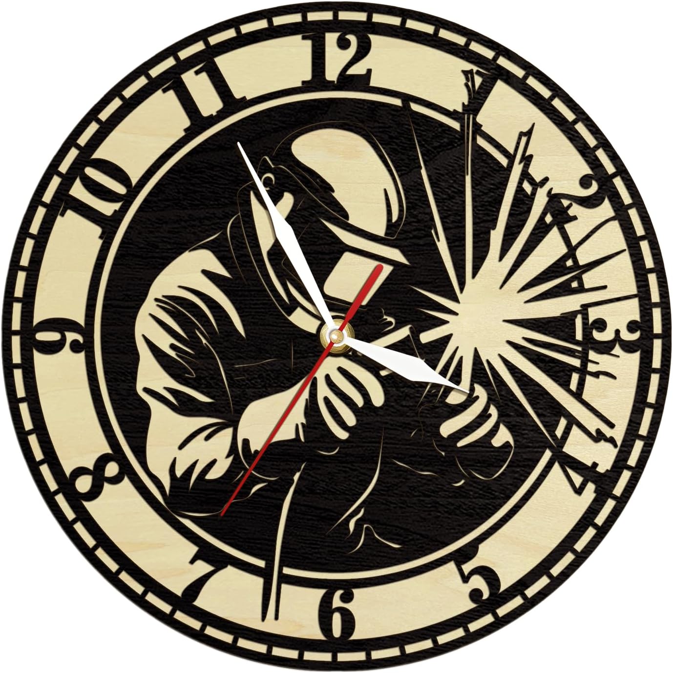 12'' Welding Ironworker Wooden Wall Clock, Welder Wall Clock Modern Decorative Silent Non Ticking Battery Operated Wood Clock for Welders Man Cave Workshop Office Bedroom Living Room Kitchen
