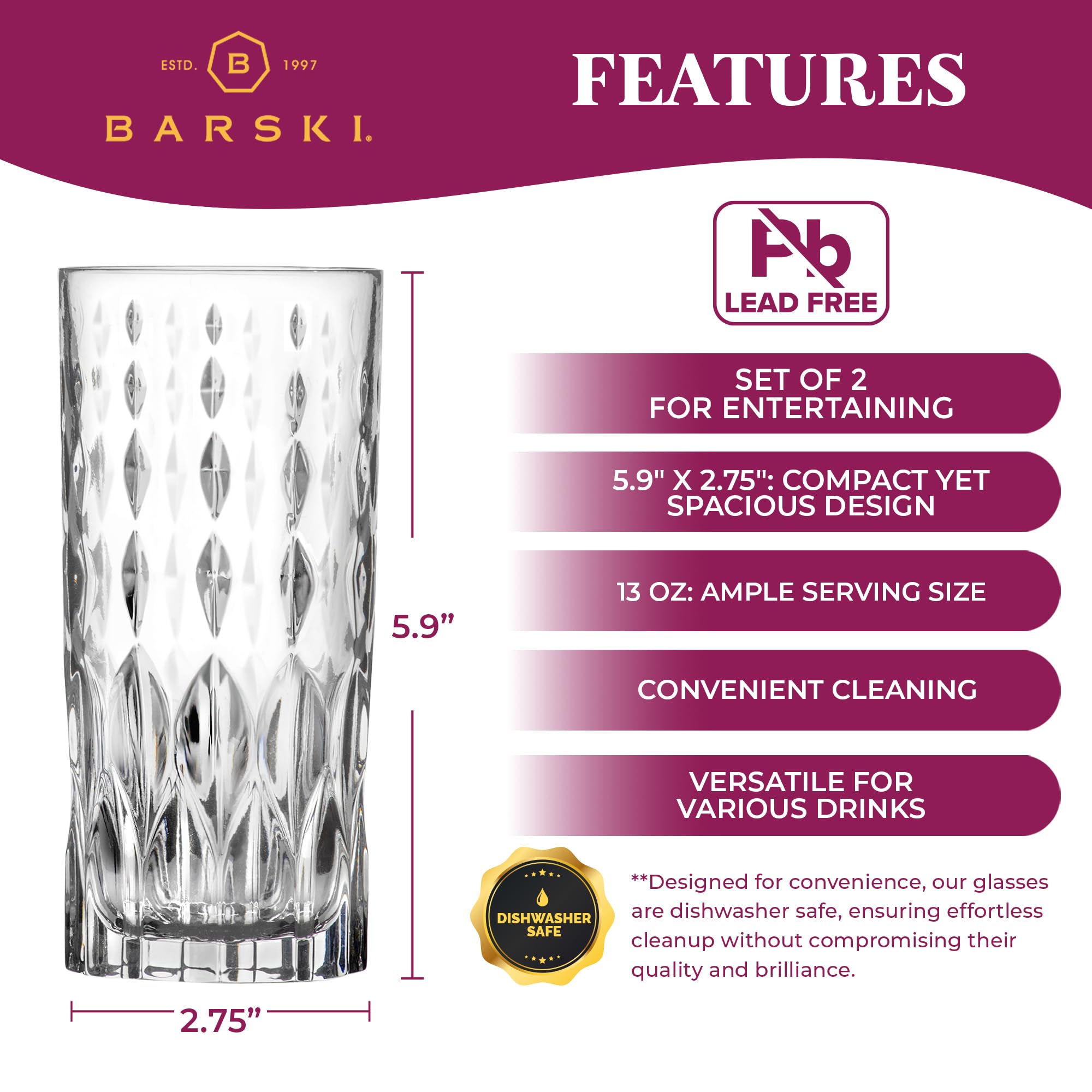 Barski Highball-Glas – Trinkgläser – 2er-Set – Hiball-Becher – Glaskristallbecher – für Wasser, Saft, Bier, gemischte Cocktails, Mojito-Glas, Tom Collins Bar Glaswaren, 370 ml, hergestellt in Europa