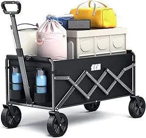 Collapsible Foldable Wagon, Foldig Wagon with Wheel Heavy Duty with 180lbs Weight Capacity Lightweight Utility Camping Cart for Groceries Garden Beach Sports Fishing (Black)