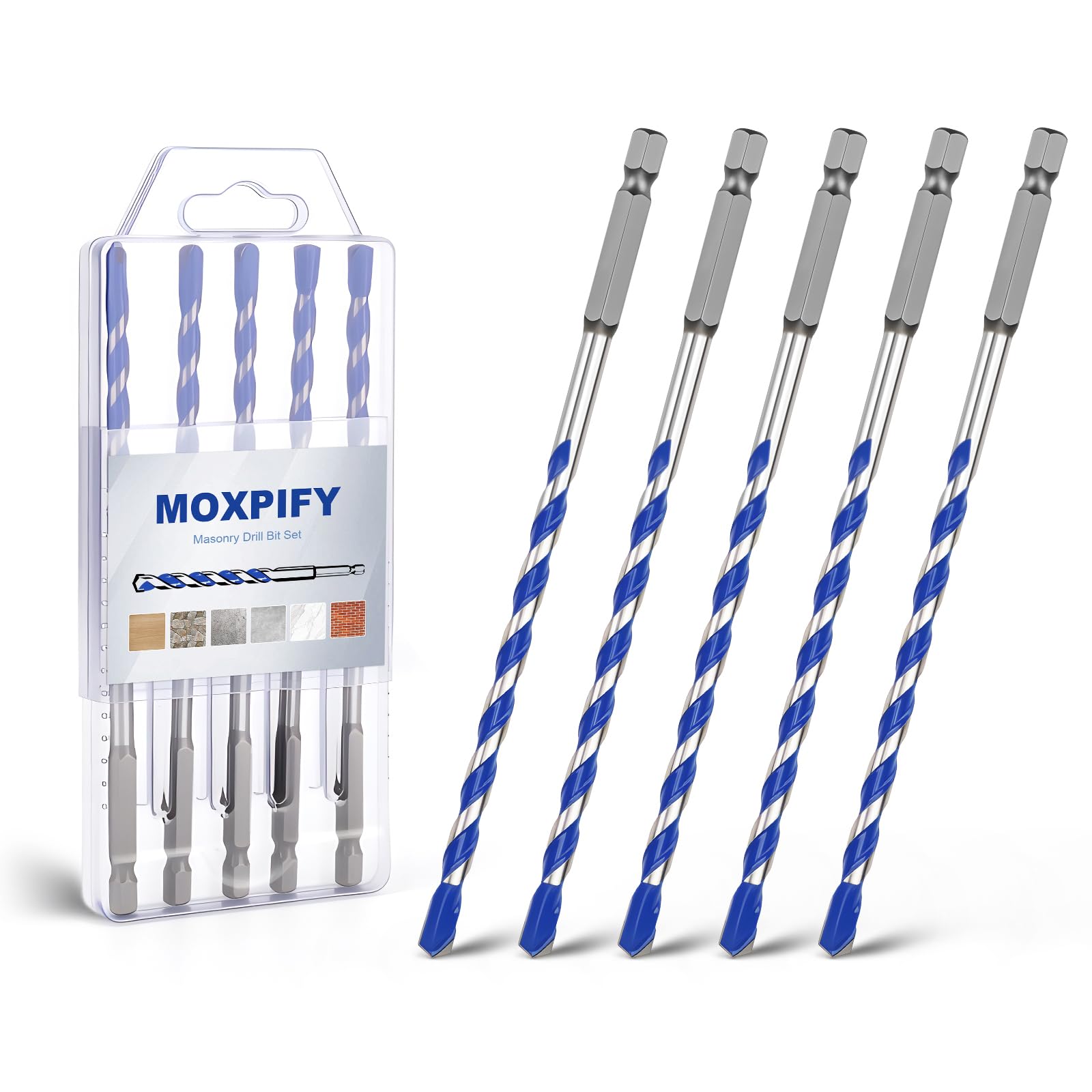 MOXPIFY 5pcs 6mm Masonry Drill Bit 150mm Extra Long, Tungsten Carbide Tip Concrete Drill Bits for Brick Wall Tile Porcelain (6mm x 150mm x 5, Hex Shank)