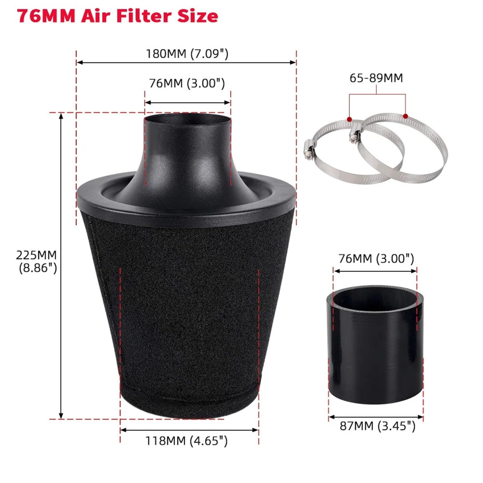 Zestaw dolotowy powietrza Pasuje do VW Golf MK4 GTI, pasuje Audi A3 1.8T, części modyfikacji samochodu OFI140-BK, zestaw dolotu powietrza, filtr(Air Filter 76mm)