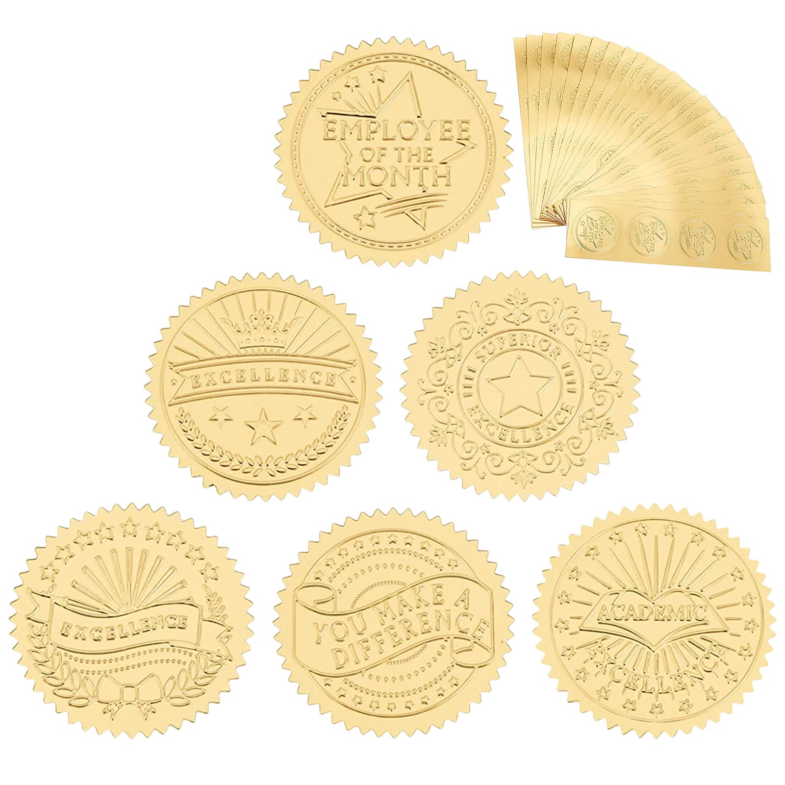 CRASPIRE 120pcs 6 Style Embossed Seals Stickers 2 Round Gold Foil Certificate Vintage Excellence for Invitation Envelope Graduation Corporate