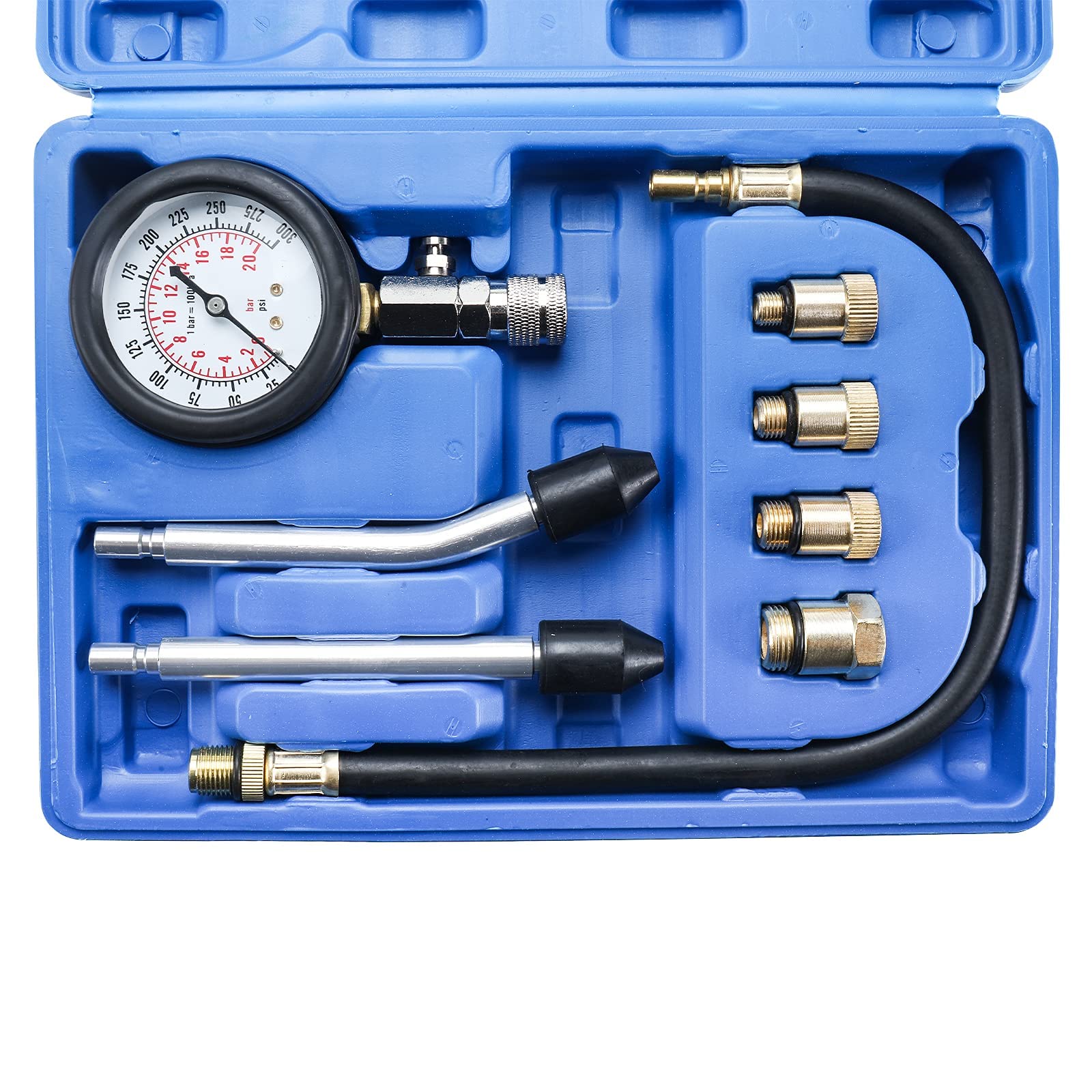 KUNTEC8PCS Professional Petrol Engine Cylinder Compression Gauge Tester Kit 0-300PSI (Blue)
