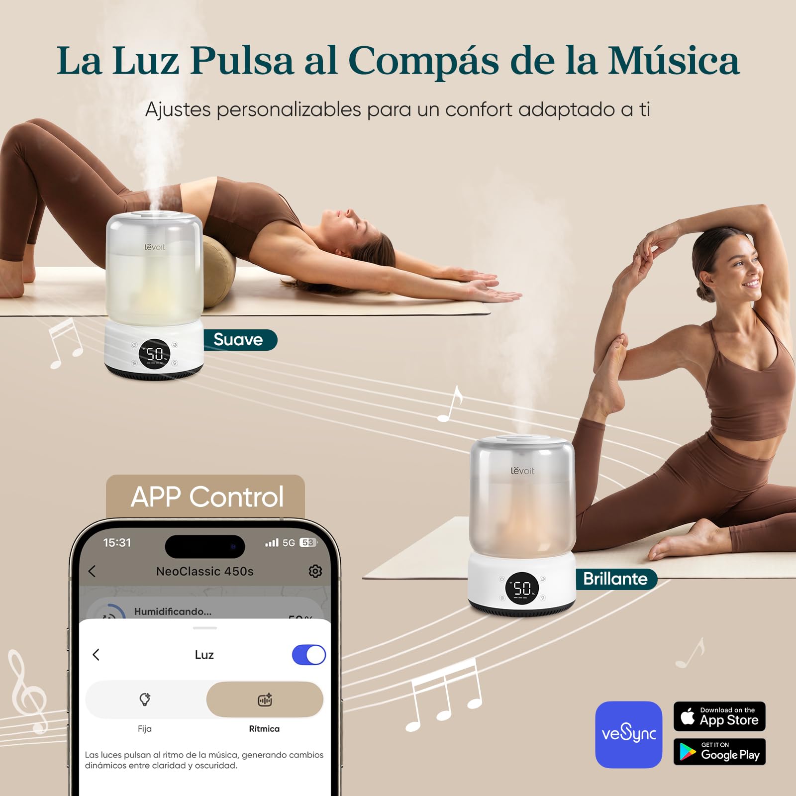 Levoit Humidificador 4,2L hasta 42H, Inteligente, Blanco, NeoClassic 450S | Humidificador Bebés Llenado Superior, Depósito Desmontable, 21dB, Control APP/Voz, Luz y Modo Musical