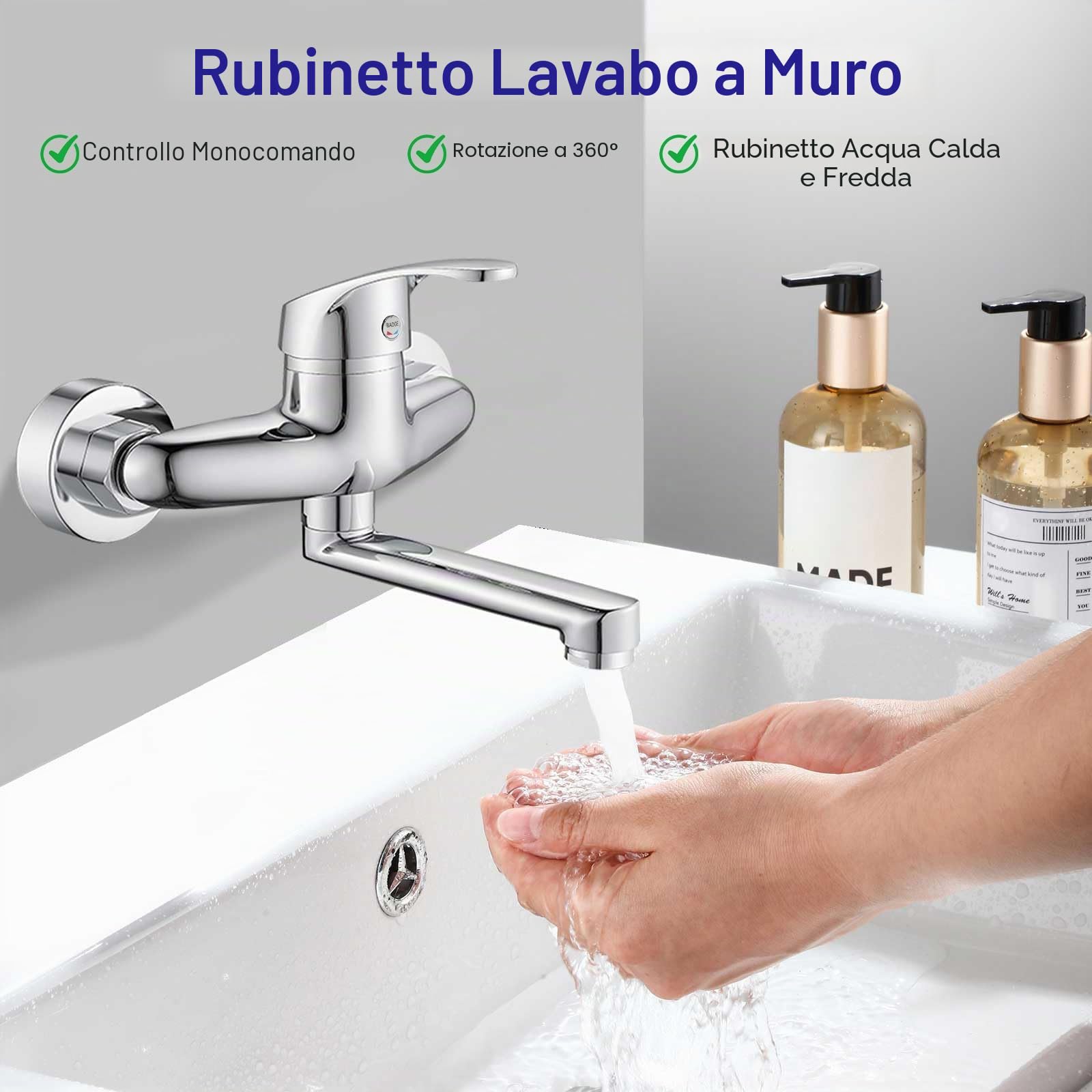 Yolispa Rubinetto da Cucina, con beccuccio Girevole (6, 3) Freddo e Caldo Miscelatore a Parete monocomando, Montaggio a Parete per Acqua Fredda e Calda