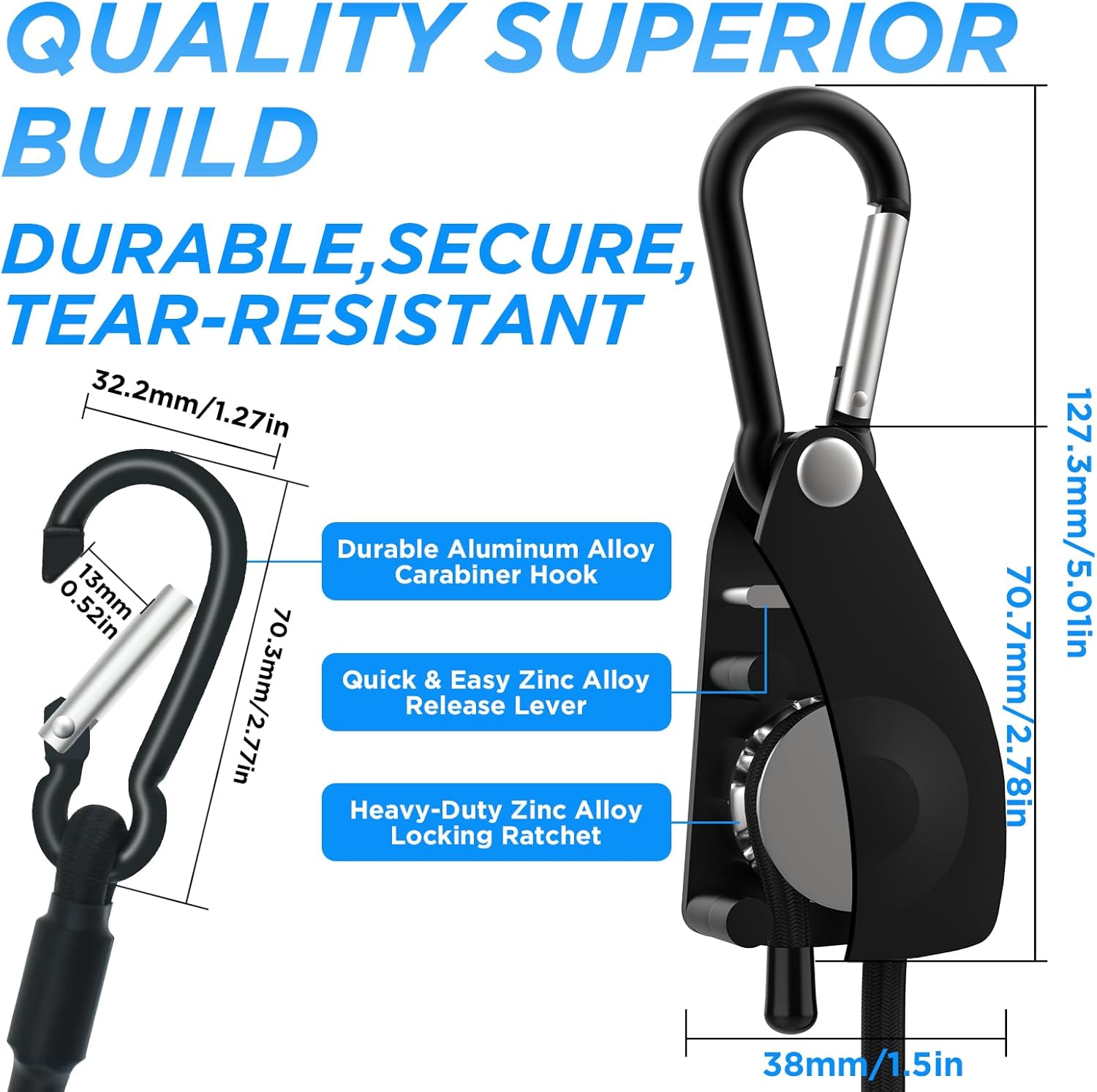 SDTC Tech 48 Inch Adjustable Bungee Cords with Carabiner Hooks, Easy to Adjust from 7" to 48", Ratchet Tie Down Straps for Hanging Plants/Grow Light/Tents and Various Tie-Down Uses, 2 Pack