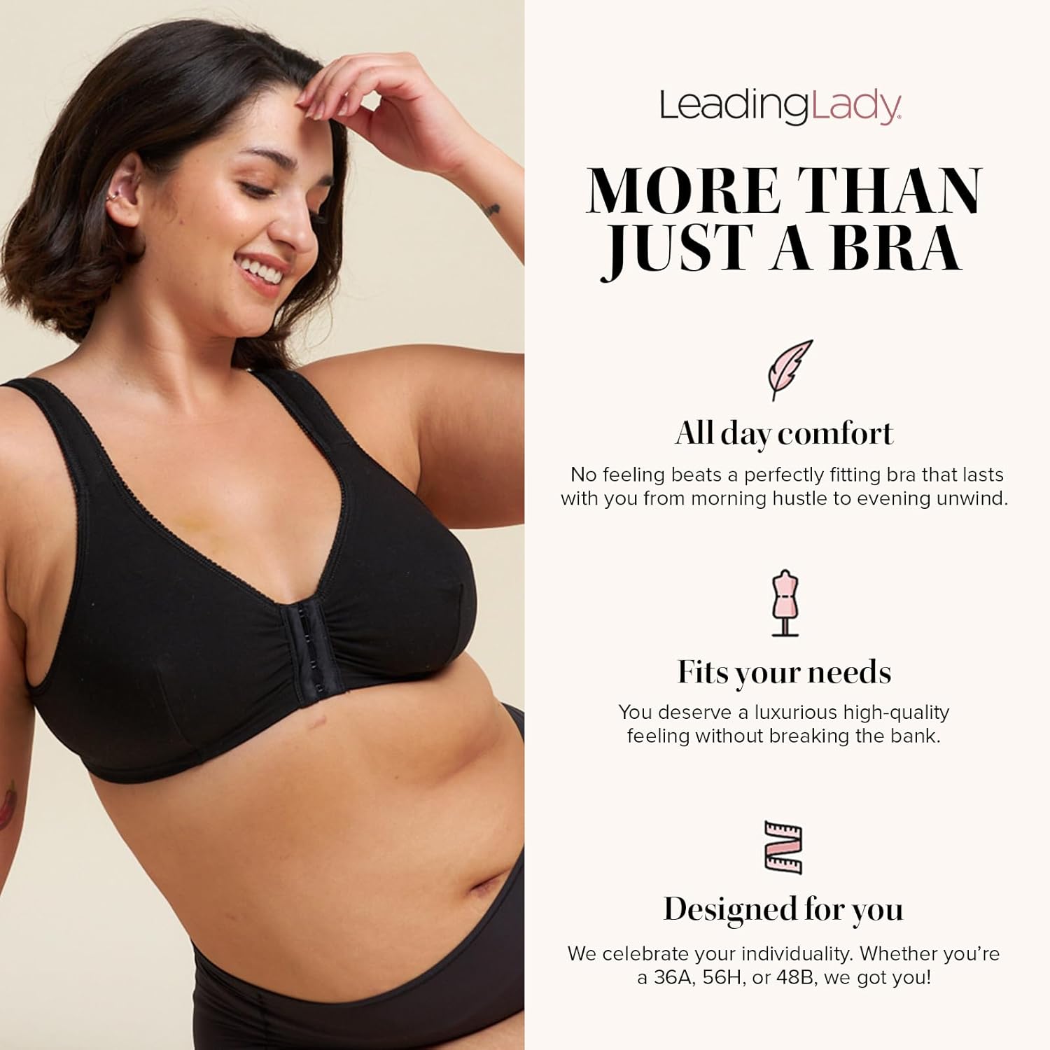 Leading Lady, Meryl, Front-Closure Cotton Bra, Comfort Sleep for Women, Breathable, Unlined, Full Coverage, Wireless, 36A-56H