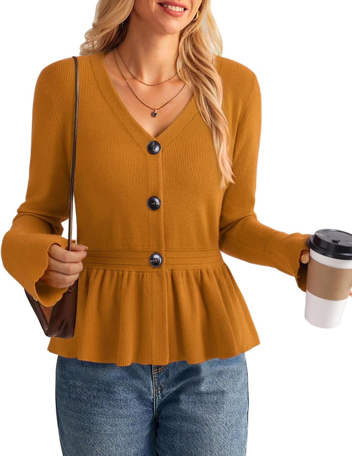 Vivilli Fall Open Front Cardigan Sweaters for Women Trendy Long Sleeve Peplum Tops Knit Button Sweater Casual Outerwear - Image 2