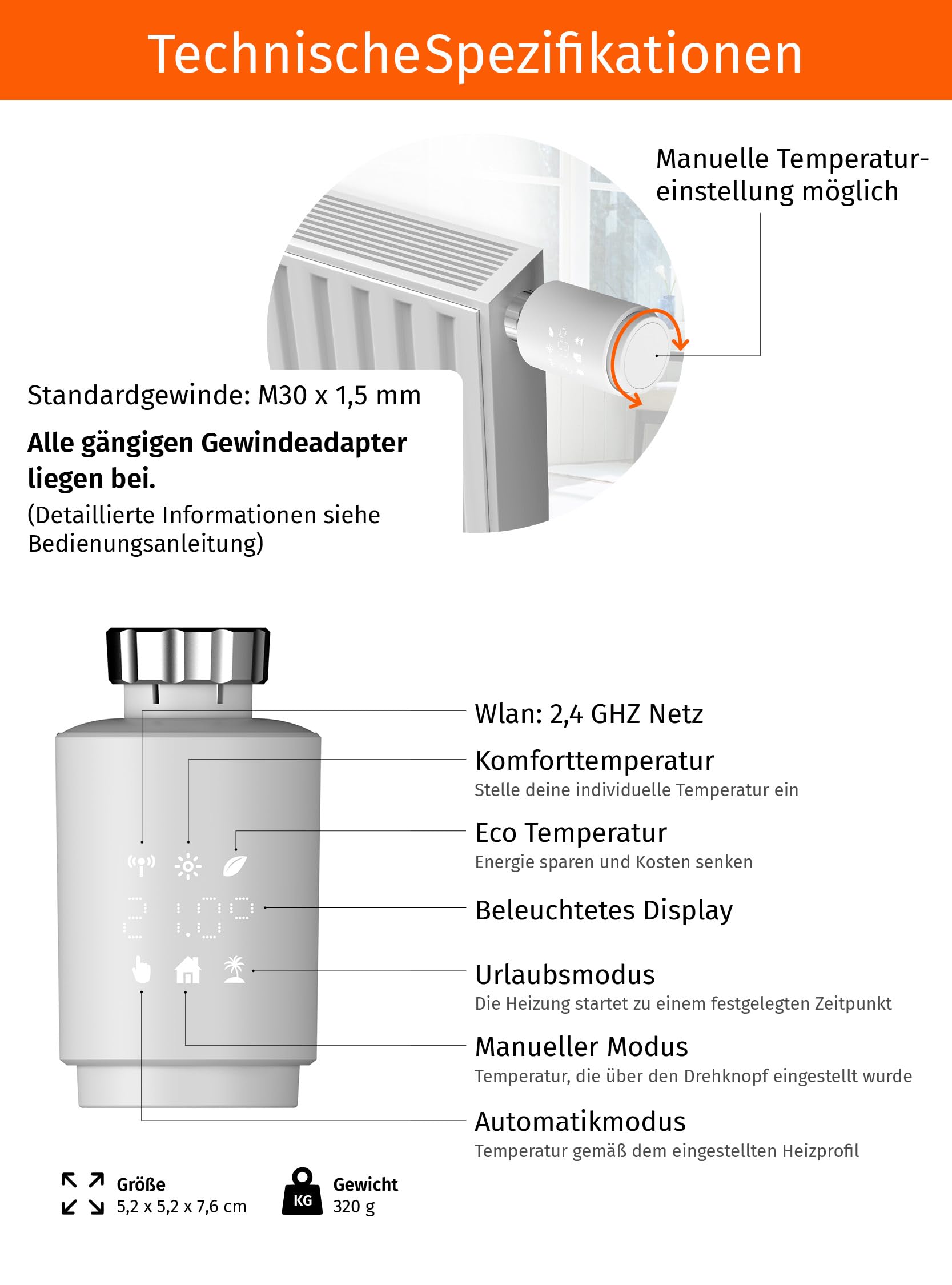 Könighaus Smartes Heizkörperthermostat OHNE Zigbee - Moderne Heizregelung mit App Steuerung ✓ Kompatibel mit Siri, Alexa, Google, Tuya ✓ kinderleichte Bedienung ✓ kein Zigbee oder Gateway nötig