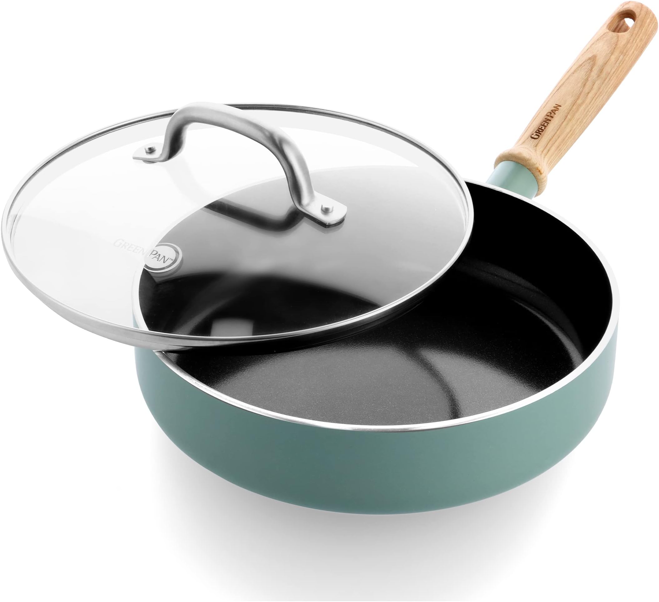 Mayflower Healthy Ceramic Non-Stick 24 cm/2.7 Litre Sauté Pan with Lid, Vintage Wood Handle, PFAS-Free, Induction, Smoky Blue, Blue