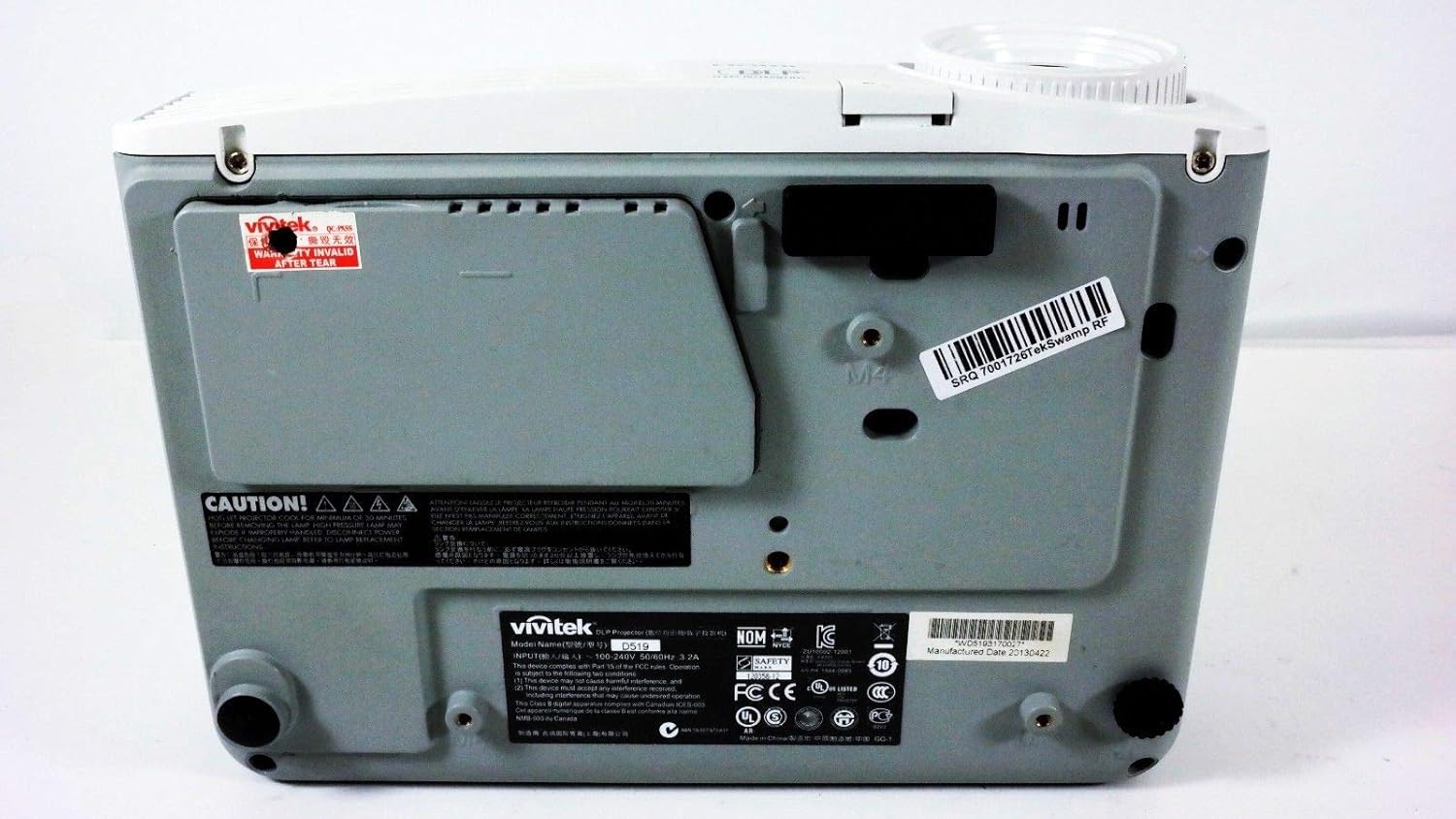 Vivitek D519 Projector bottom view этикеткасы менен