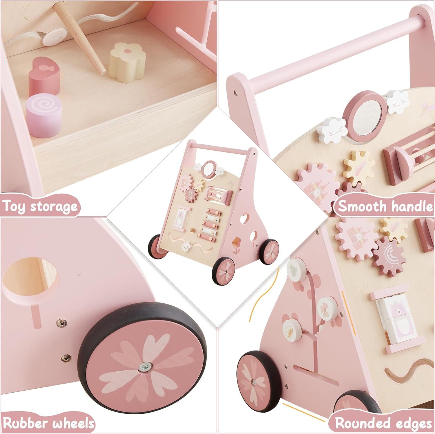 Beright Wooden Baby Walker Push and Pull Learning Activity Walker Kids’ Activity Toy Multiple Activities Center Develops Motor Skills & Stimulates Creativity(Pink) - Image 5