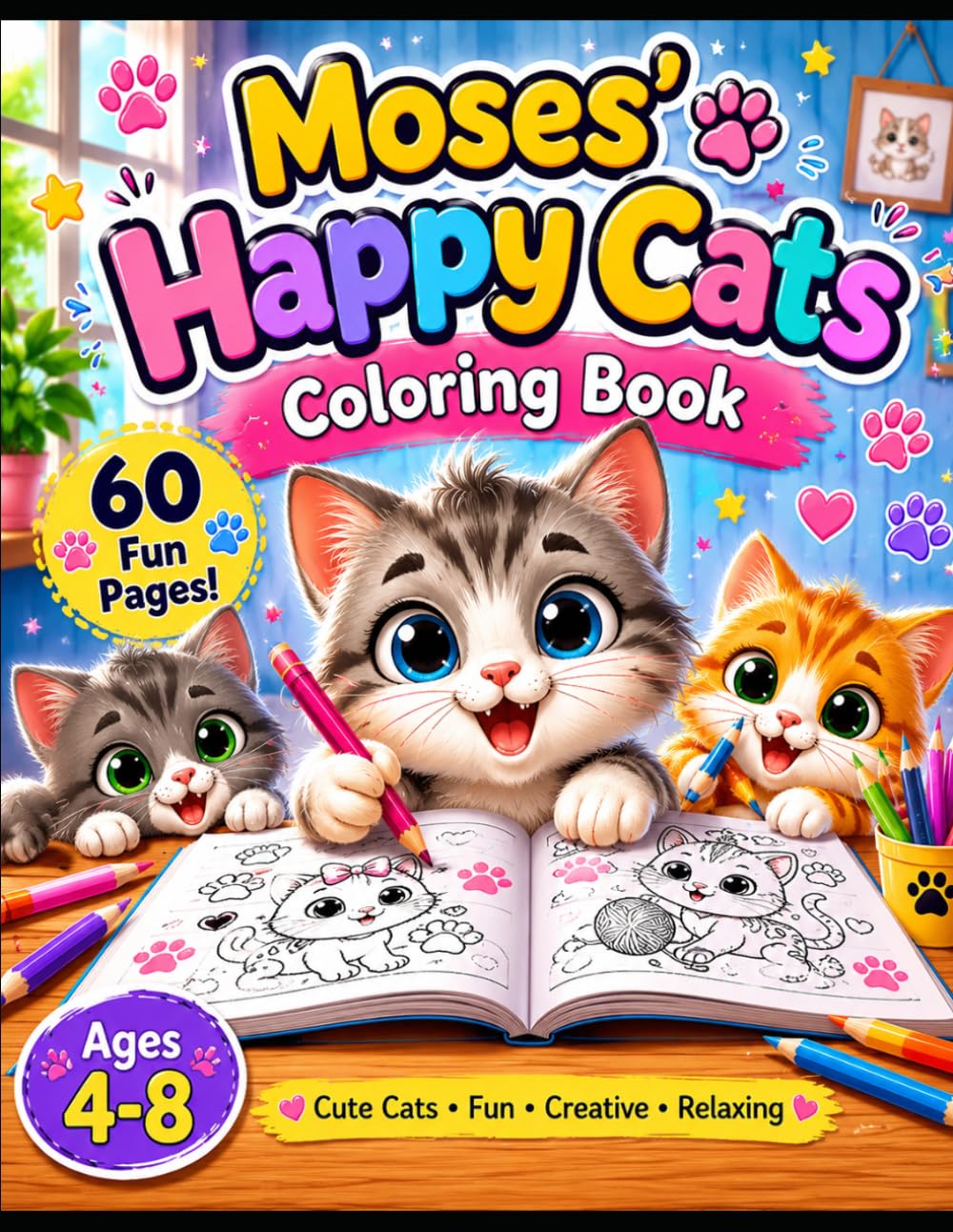 Moses' Adorable Cats Coloring Book for Kids Ages 4-8: 60 Fun and Easy Coloring Pages for Kids Ages 4-8