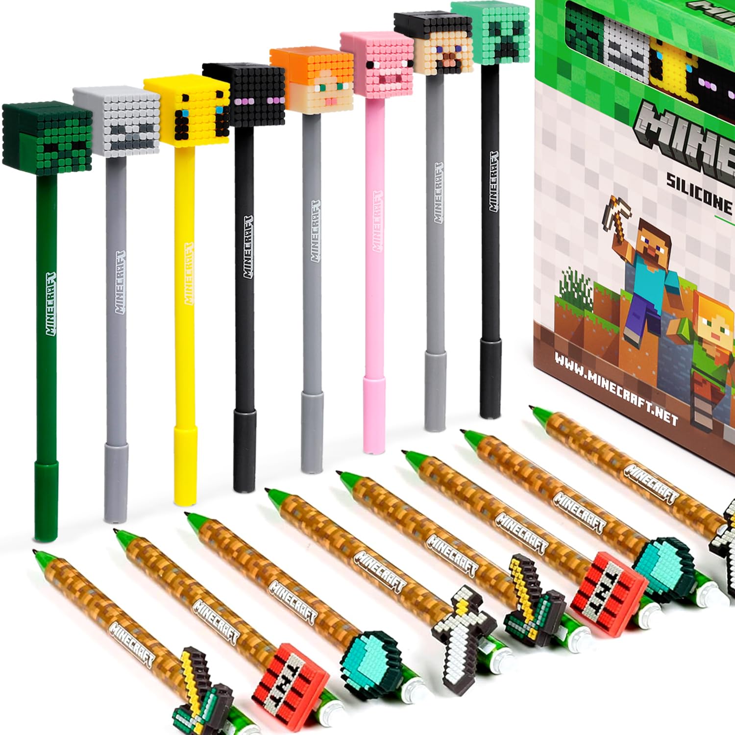 Puckator Minecraft Edition Pen | Ballpoint Fine Tip Pens with Silicone Character & Tool Themed Toppers | Smooth Quick-Dry Ink, Non-Smudge Stationery Fun Gift Set with Coloured Ink | Pack of 16