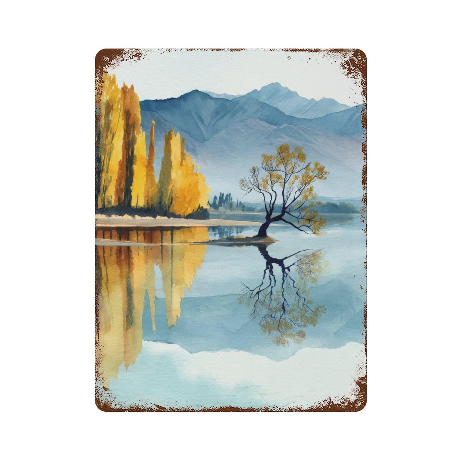 xiaoxiaoshen Lake Wanaka New Zealand Watercolor Travel Lone Tree Wall Decor Art Metal Tin Poster Modern Home Decor Art Home Bar Shop Decorations Vintage Sign 40x30cm