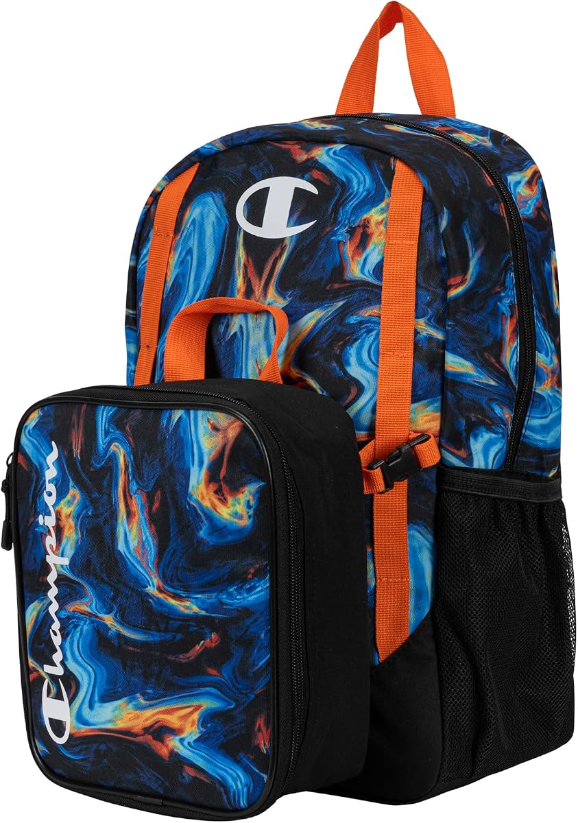 Champion Kids' Mode Juego combinado de mochila y lonchera aislada de 2 piezas con compartimento para computadora portátil, correas acolchadas, bolsillo para botella de agua para uso diario, naranja bermellón/negro, talla única | Fiambrera aislada, compartimento para ordenador portátil, correas acolchadas, bolsillo para botella de agua, uso diario