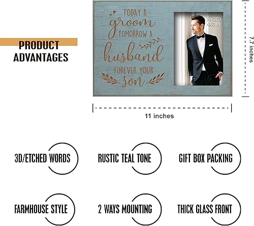 Miniatura 5 de Yudarte Today A Groom, Tomorrow A Husband, Forever Your Son - Marco de fotos tallado de madera verde azulado grabada de 4 x 6 pulgadas, regalo de