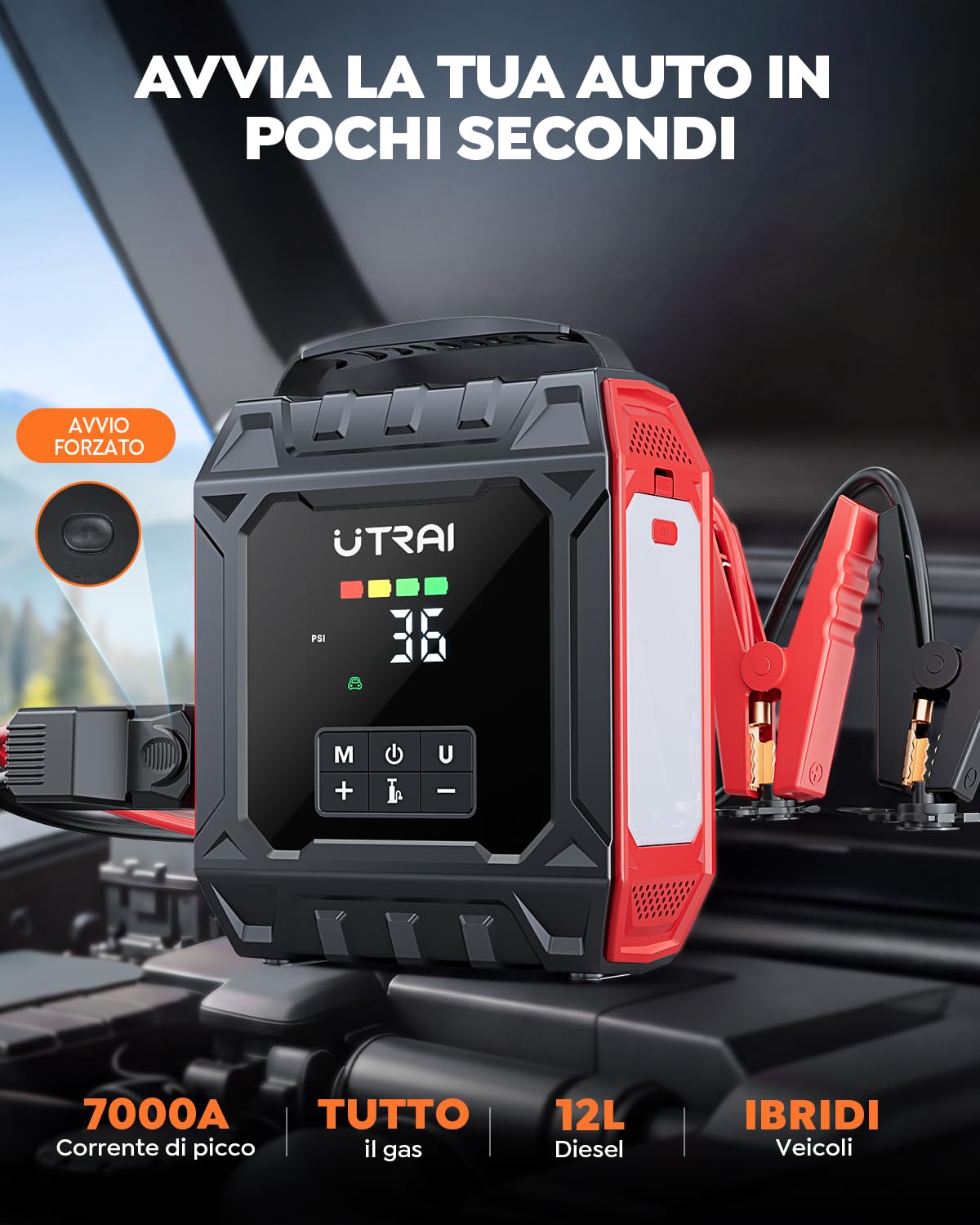 8000A Avviatore Batteria Auto con 160PSI Compressore (ALL Gas/10.0L Diesel) | UTRAI Avviatore Emergenza per Auto 12V Booster Avviamento Auto con Luce Magnetica da 1000 Lumen, Kit Riparazione Pneumatici