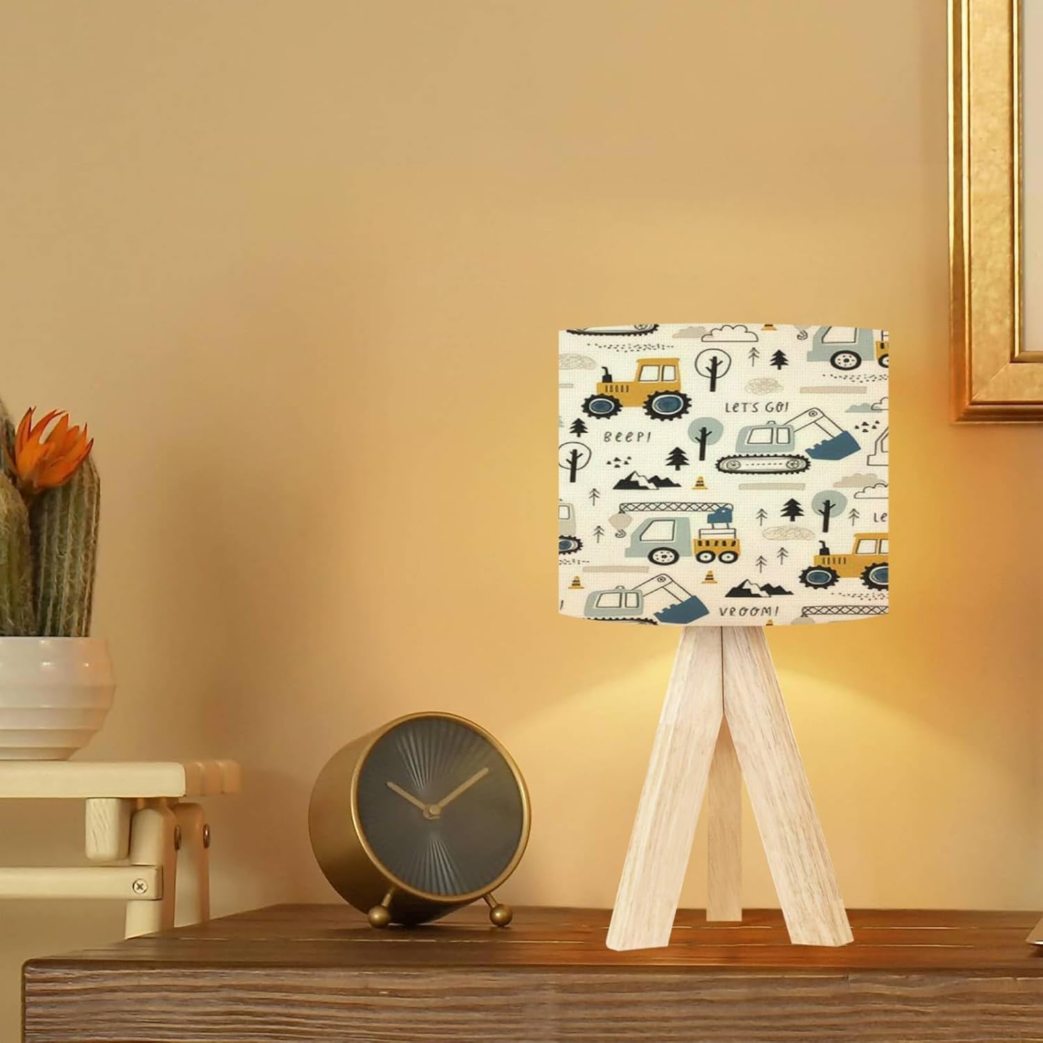 Tripod Table Lamp Hand drawn cute Truck crane bulldozer excavator Boho Seamless pattern Modern Bedside Dimmable Desk lamp Wooden Base Fabric Lampshade for Kids Room, Nursery, Bedroom, Living Room