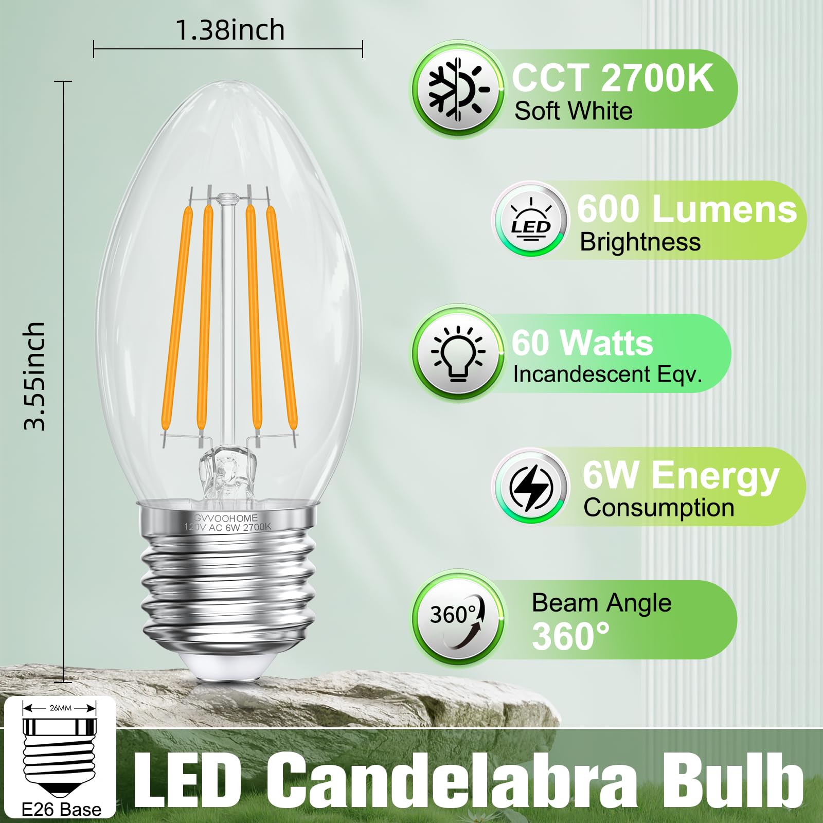 GvvooHome Bombillas LED para candelabro con base E26 de 2700 K, color blanco suave, 6 W, equivalente a 60 W, bombilla LED E26, bombillas de vela B10, no regulables, 90+CRI, 600 lm, cristal de cera