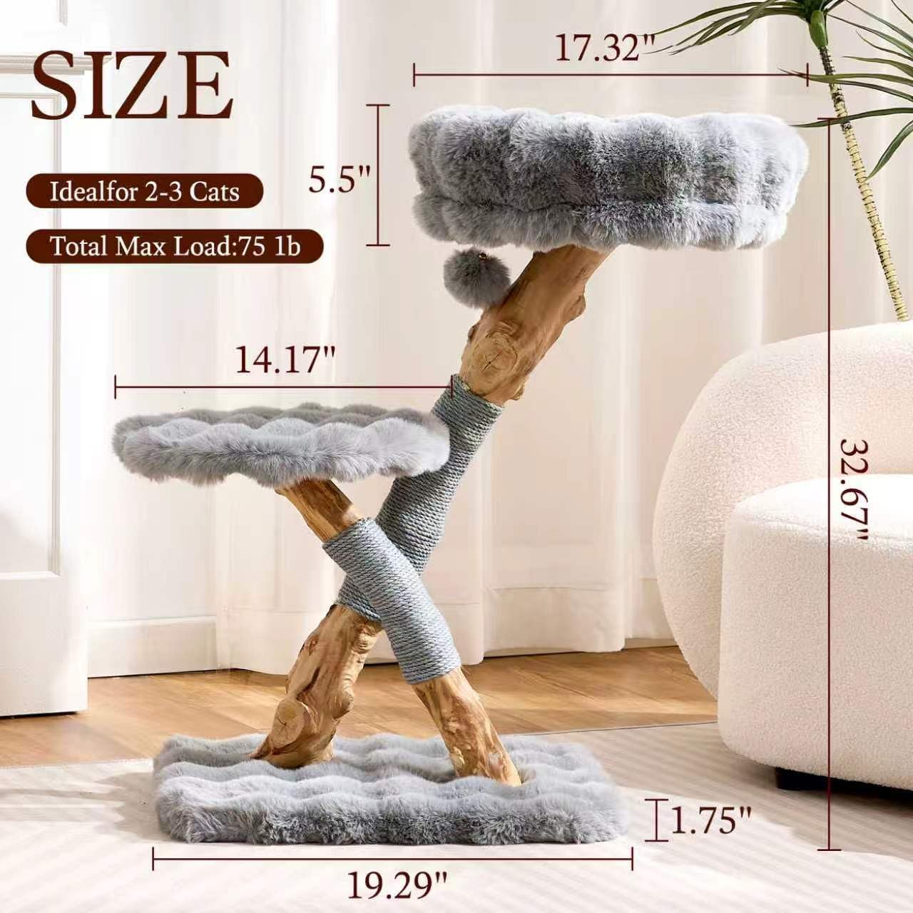 HITTITE Natural Wood Cat Tree Tower with Scratching Post, 32 Inches Tall Modern Cat Tower with Cozy Bed and Platforms, Luxury Real Branch Cat Tree for Indoor Cats Large Adult, Grey.