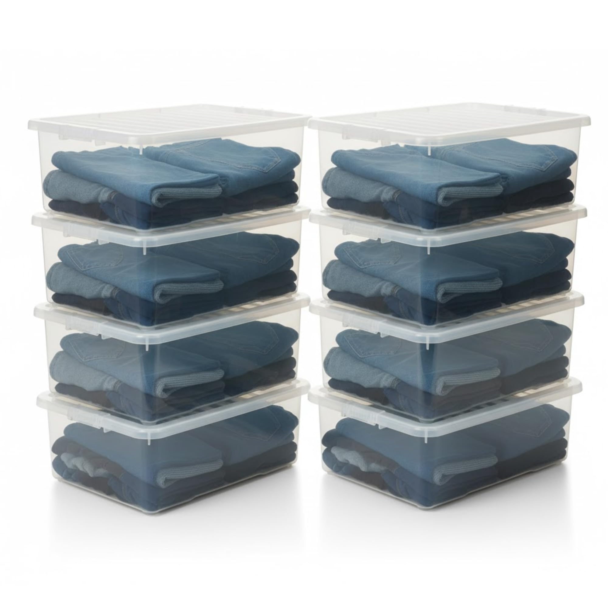 SIDSONS - 8x 32L Clear Plastic Underbed Storage Box with Lid - Space-Saving Nestable & Stackable Multi-Purpose Storage Boxes - Transparent Duvets & Clothes Organizer - Flat Storage Box with Clear Lid