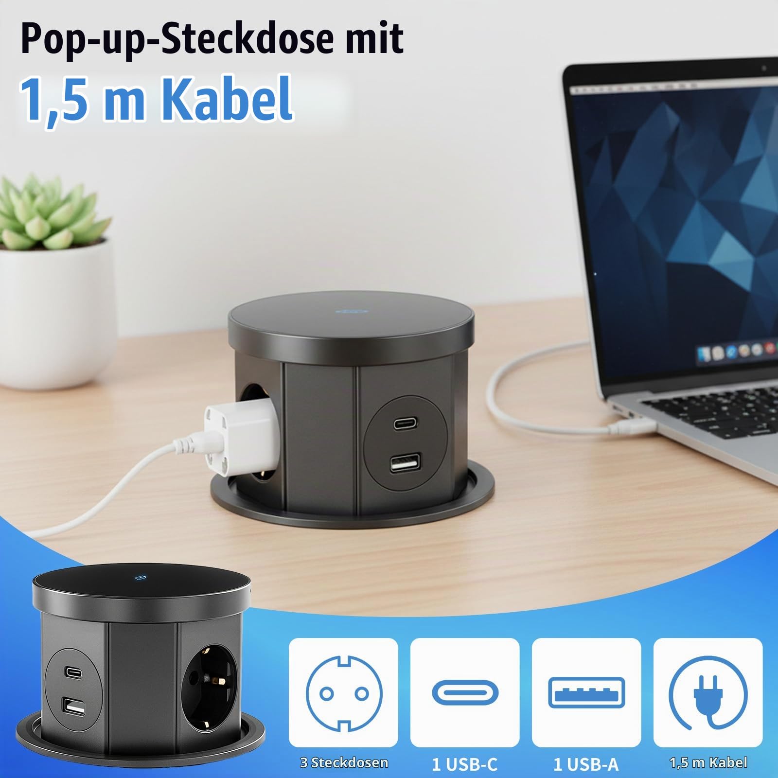 Versenkbare Steckdose, Tischsteckdose mit 15W Kabellosem Ladegerät,1 USB C, 1 USB-A, für Büro Küche Tischsteckdosenleiste, 1.5m Kabel, D 120mm