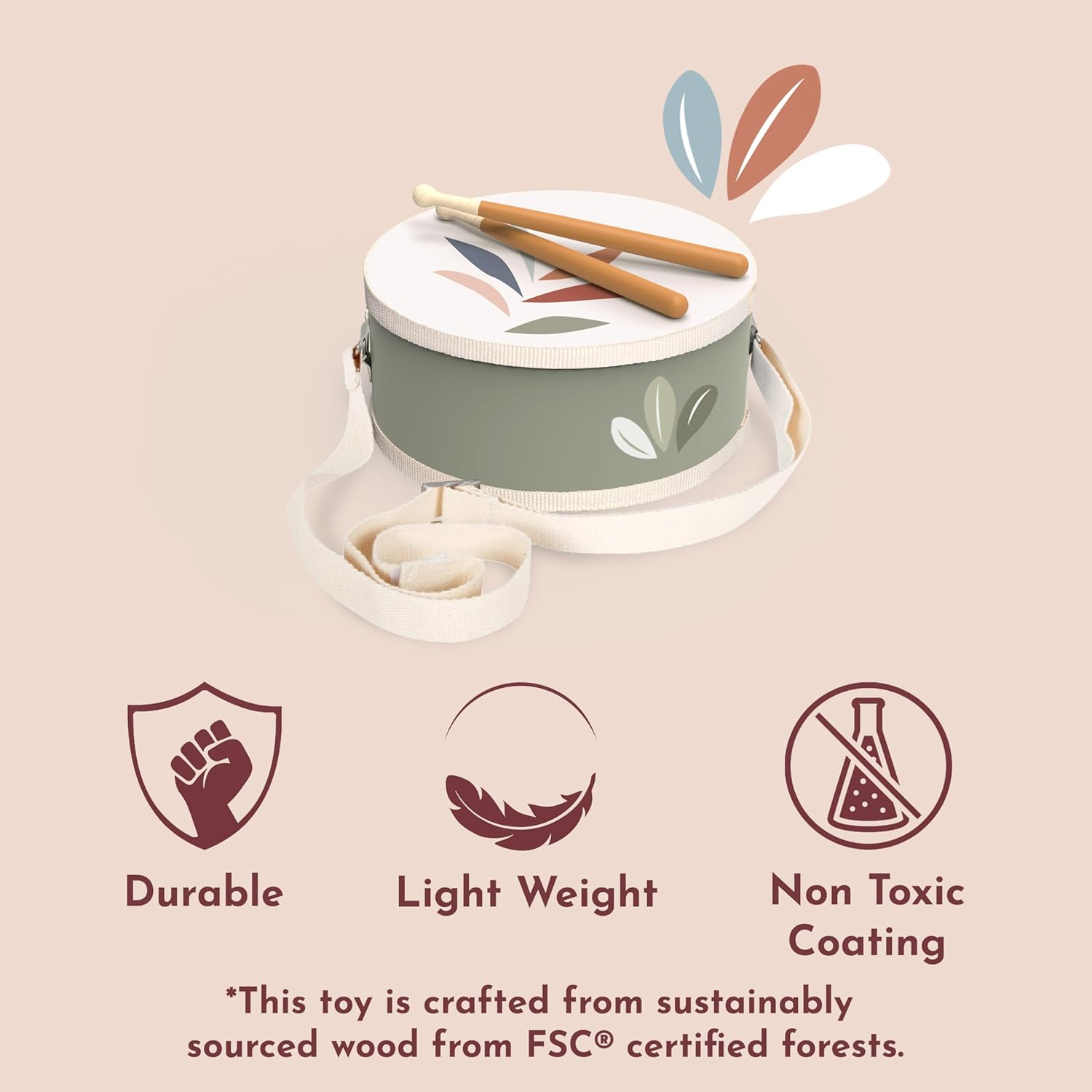 SPEEDY MONKEY Kids Drum Set – FSC Wooden Baby Drum Kit with Adjustable Strap & 2 Drumsticks, Colorful Toddler Percussion Instrument for Rhythm & Music, Fun Preschool Musical Toy for Boys & Girls