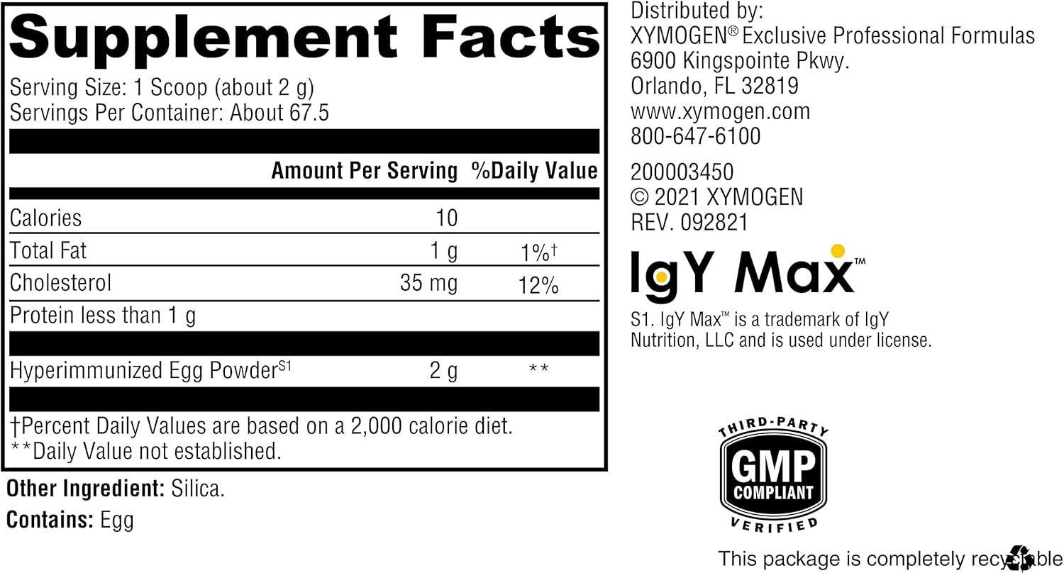 XYMOGEN IG 26 DF - Dietary Prebiotic Fiber - 2 g of IgY Max Hyperimmunized Egg Powder - Supports Immune System & GI Health - Dairy-Free, Gluten-Free & Non-GMO - Vanilla Flavor - 6.76 oz