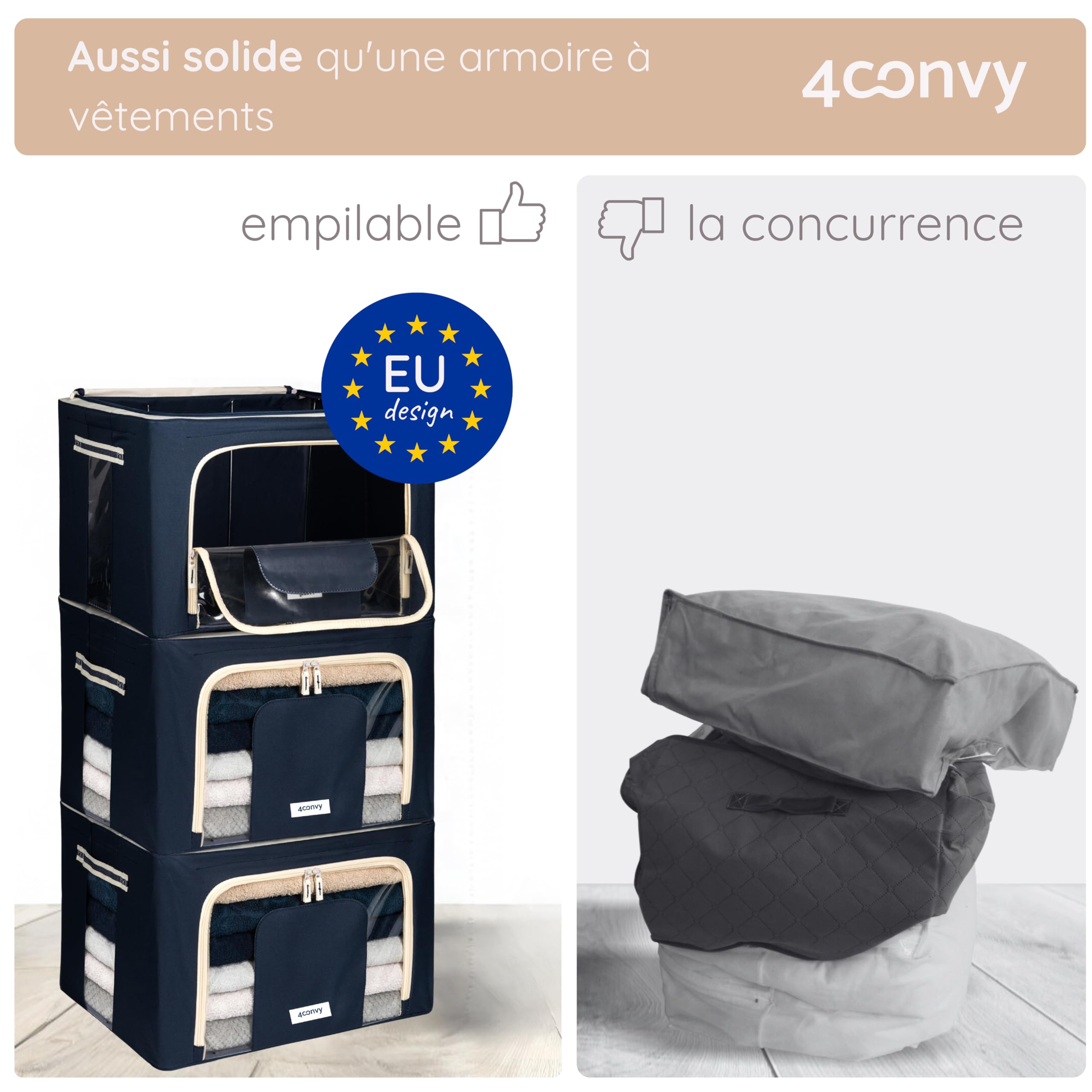 4CONVY Sacs de Rangement pour Vêtements avec Fermeture Éclair et Cadre en Métal - Housse de Rangement pour Couette, Draps – Boîtes de Rangement pour Vêtements Empilables, Robustes et Stables - 3x66L