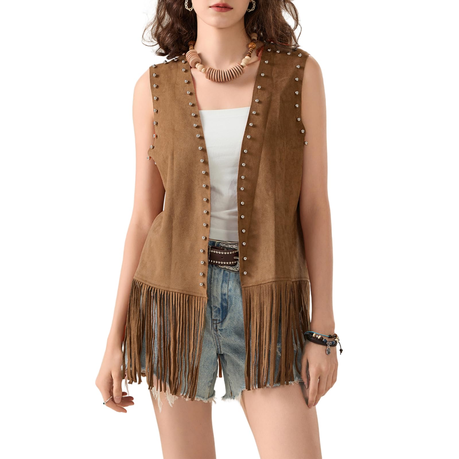 Michellecmm Women's Fringe Vest 60s 70s Hippie Costume Sleeveless Cowgirl Western Faux Suede Tassel Leather Cardigan Jacket