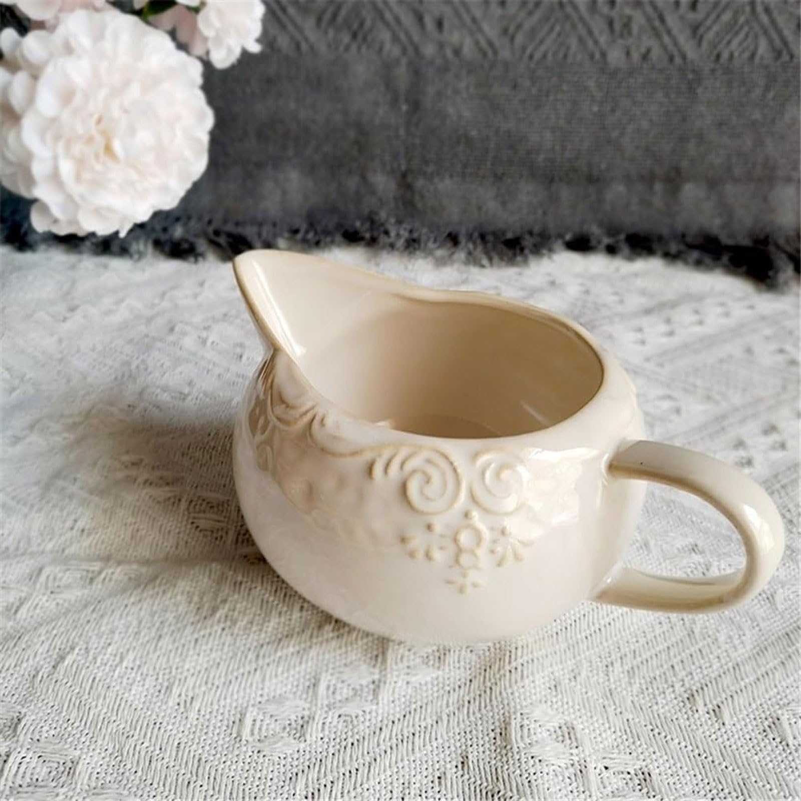 MRKU Pot à Lait, saucière, Tasse à Eau, pichet, crémier, Distributeur de café, sucrier, Pot en céramique rétro européen - 320 ML, Motif Vigne, avec Bec verseur