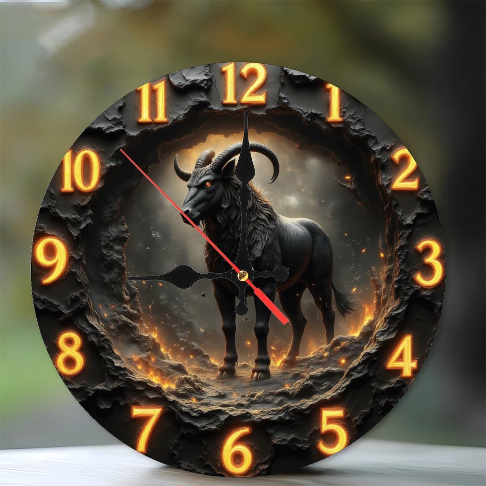 Horned Ram Clock Artwork with Fiery Design10-Inch Wooden Wall Clock, Silent Movement, Battery Operated (AA Batteries Not Included), Artistic Home Decor, Perfect for Home Accents