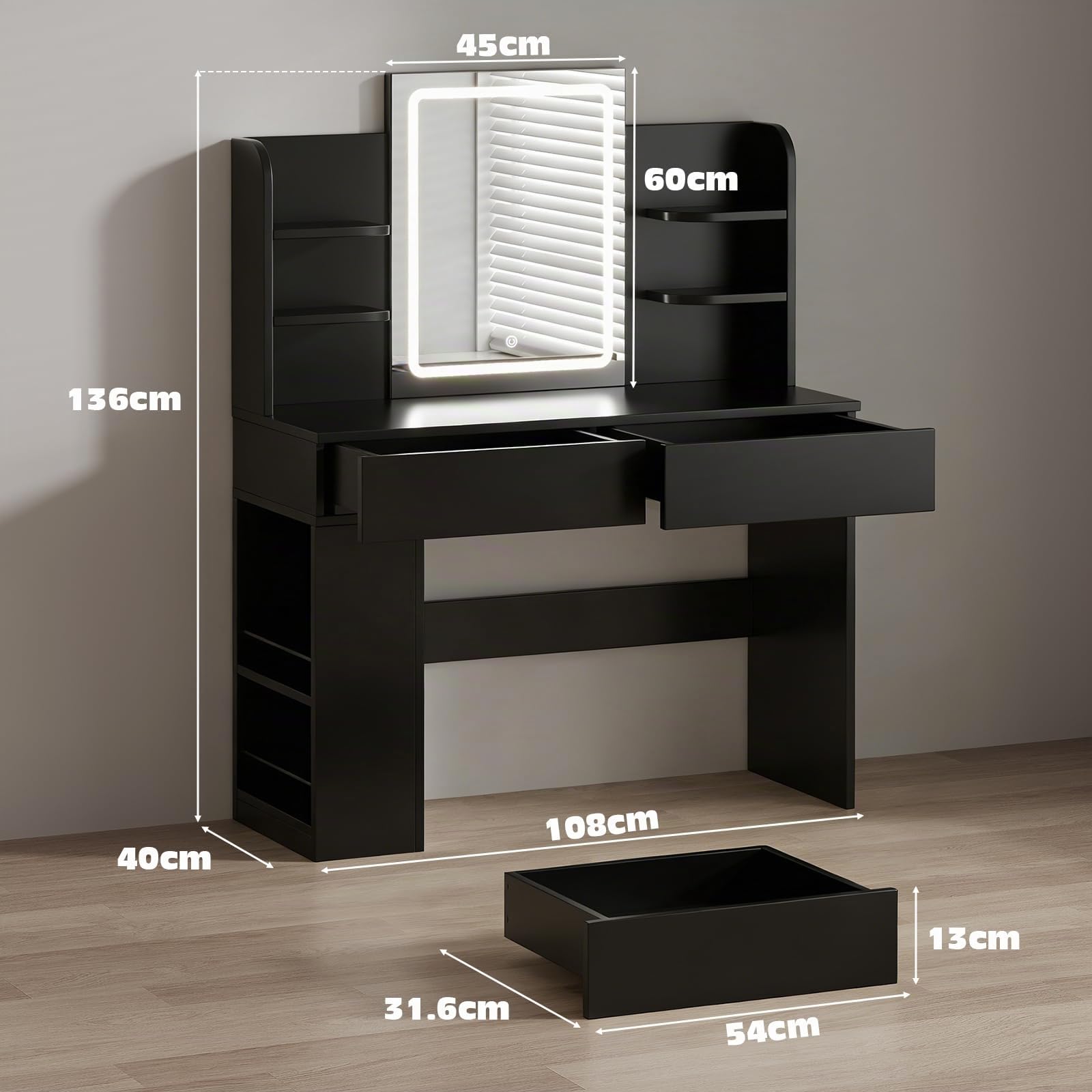 JUMMICO Schminktisch mit Spiegel und Beleuchtung, 3-farbige LED-Beleuchtung, 2 Schubladen, seitlicher Aufbewahrungsschrank, Schwarz, 135x108x40 cm