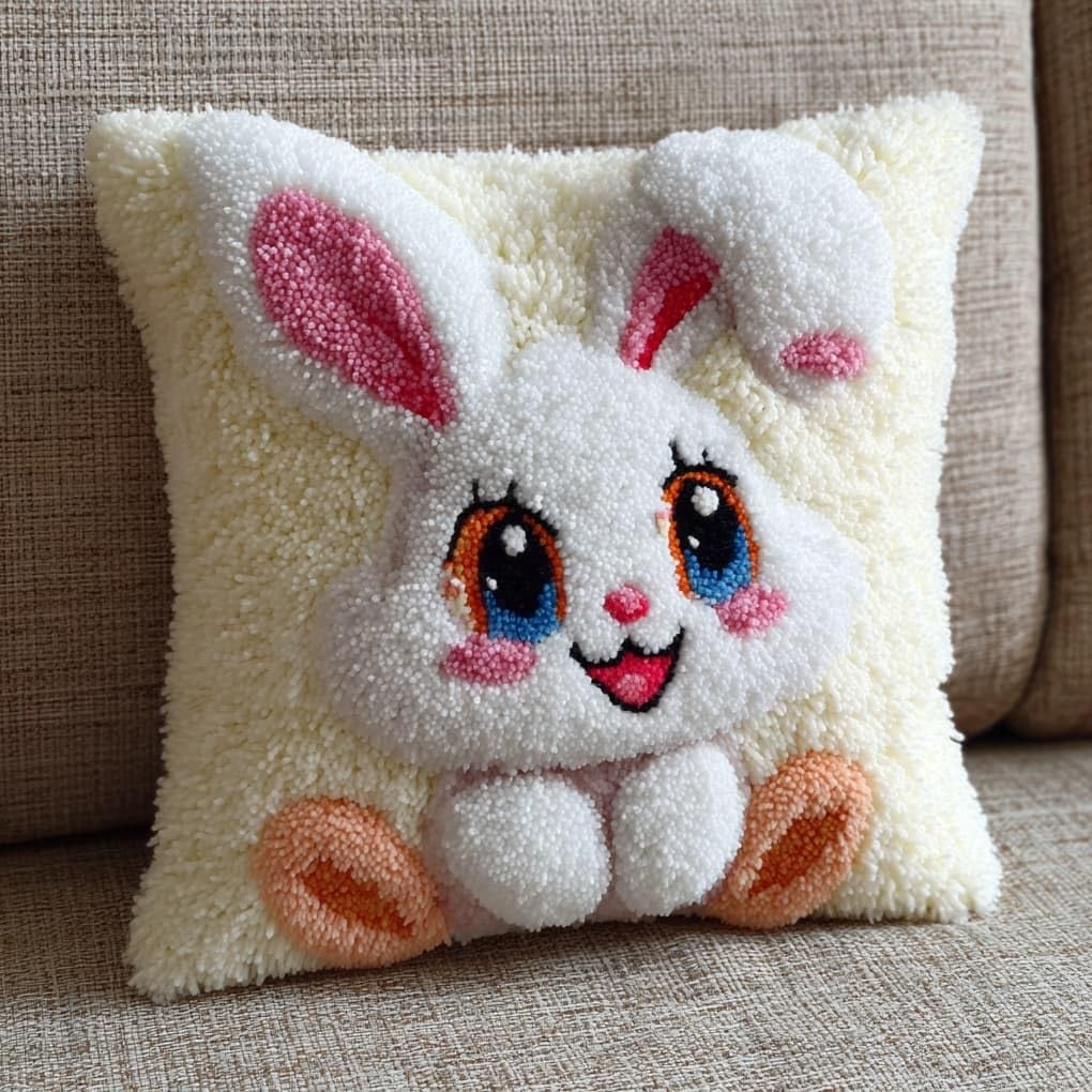 Henypt Latch Hook Cushion Kit 43x43cm,Cute Cartoon Rabbit Beginner Friendly Needlecraft Set,Adult Craft Hobby kit,Easy Latch Hook for Home Decor,