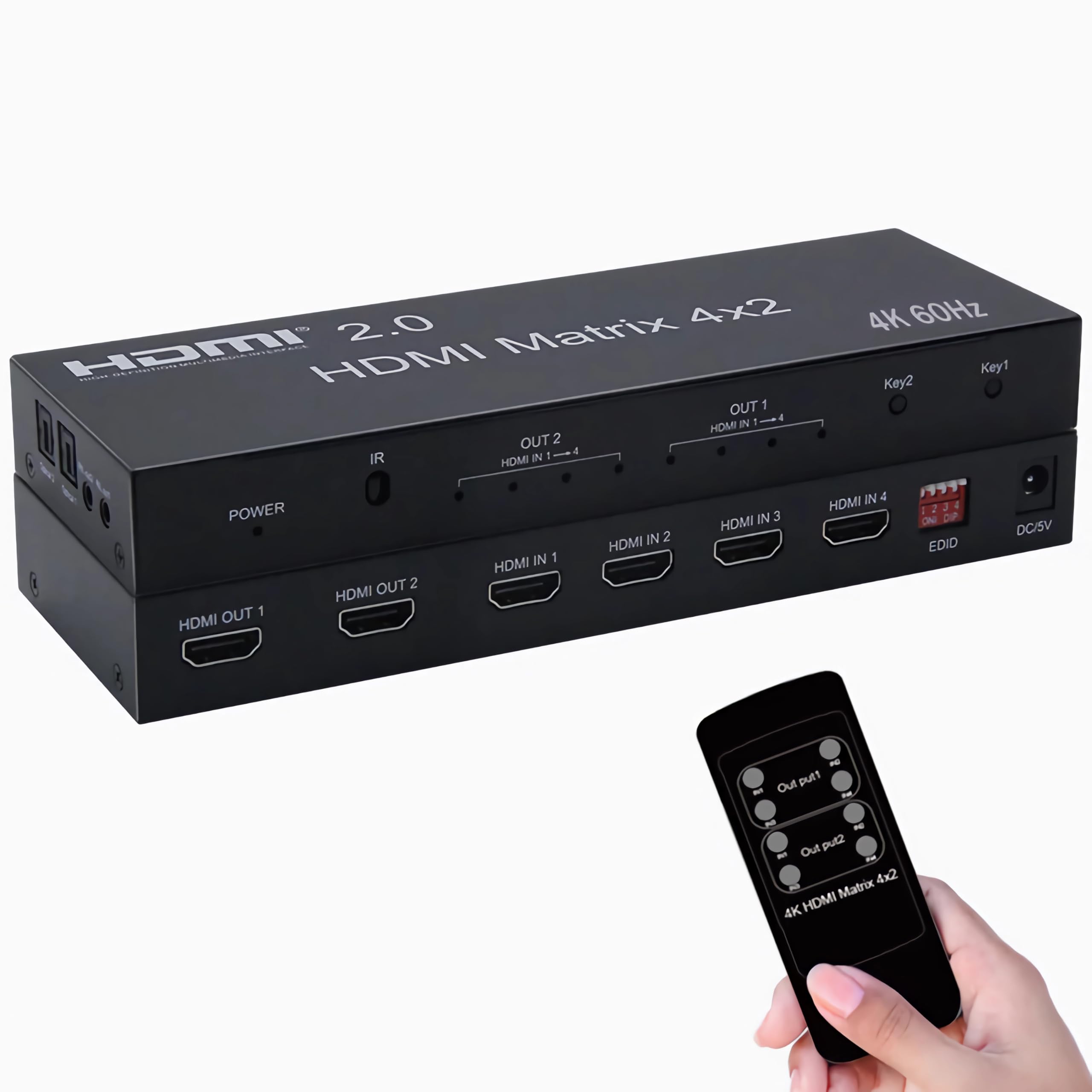 C11D Bolwins HDMI Matrix Switch 4 x 2 4K 60 Hz UHD przełącznik rozdzielacz 4 w 2 Out HDMI 2.0 rozdzielacz audio wideo z pilotem zdalnego sterowania do telewizora, projektora, kina domowego