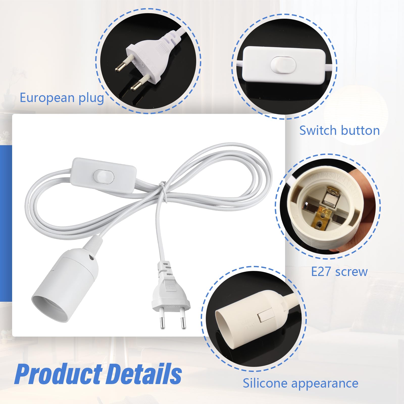 Portalampada E27 con Interruttore a Filo Cavo e Presa 3 Pezzi Bianco | 3m Elettrica Lampadario Sospensione Compatibile con Lampadine E27 (Lampadina non Inclusa)