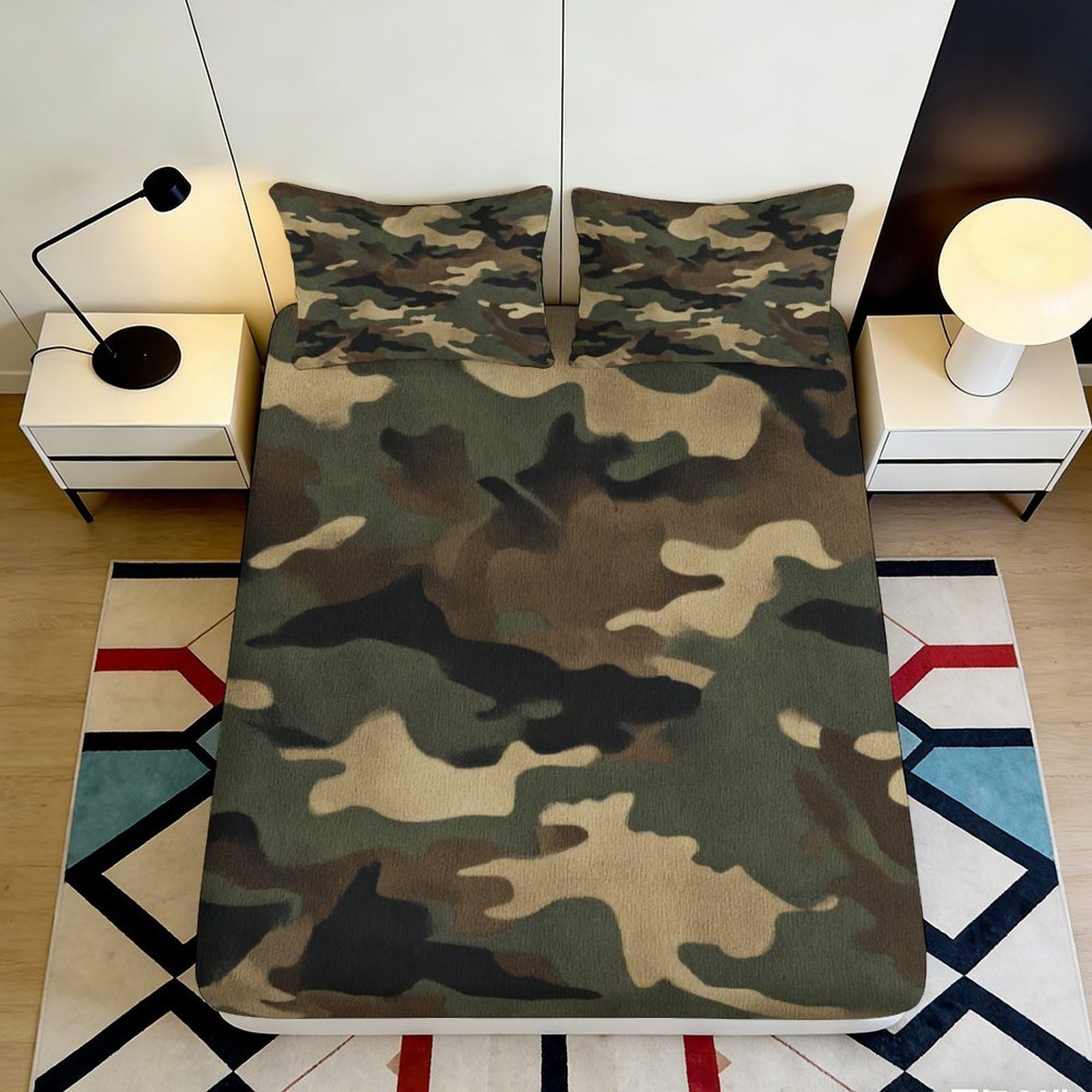 3D Printed Camouflage Fitted Sheet Microfiber Soft Breathable Army Green Mattress Cover for Bedroom Dorm Decor 90x200x25cm